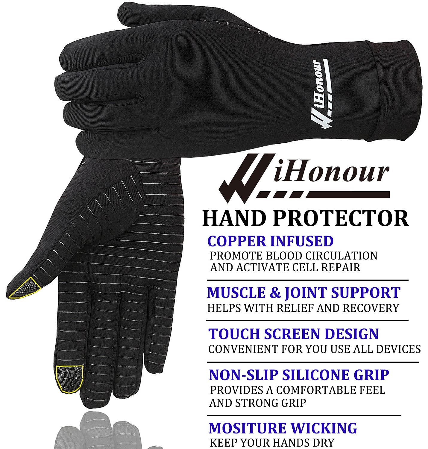 2 Pairs Copper Infused Full Finger Compression Gloves Arthritis Pain Relief M…