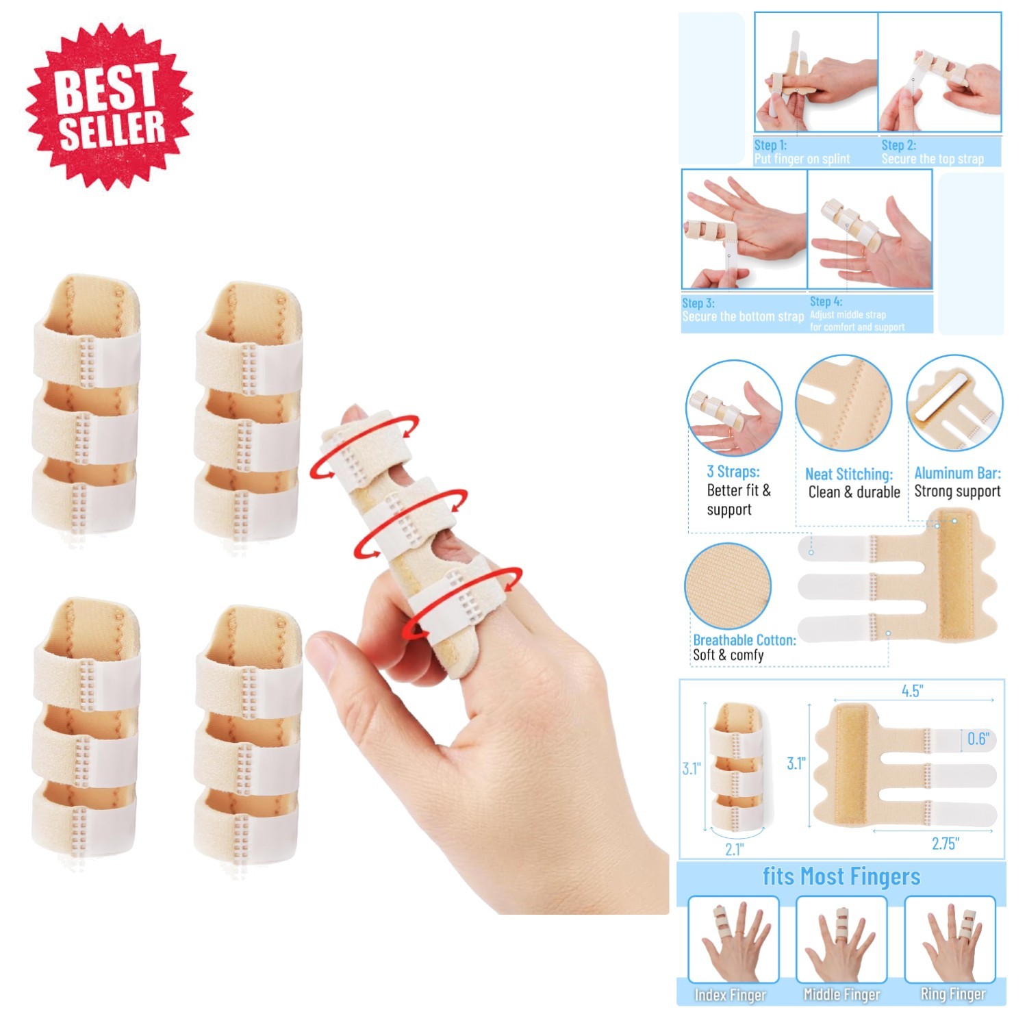 4-Pack Adjustable Finger Splints for Joint Pain Relief – Fits All Finger Sizes
