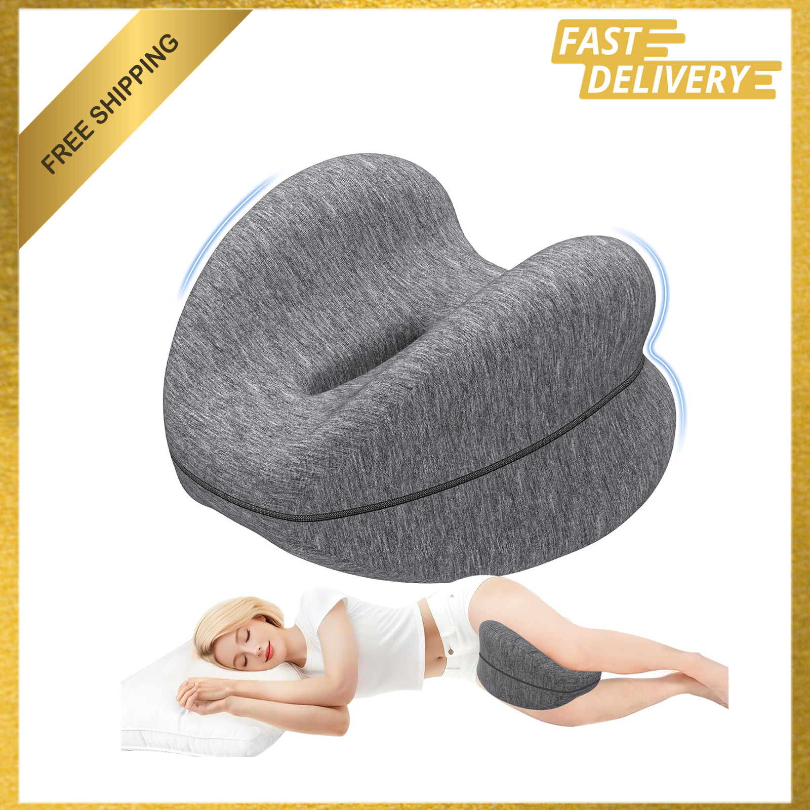 Knee Pillow for Side Sleepers Memory Foam Support with Washable Cover Grey Leg