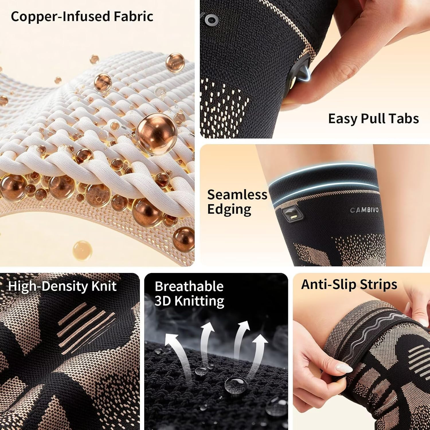 CAMBIVO 2 Pack Copper Knee Brace for Women & Men, Copper Infused Compression Kne