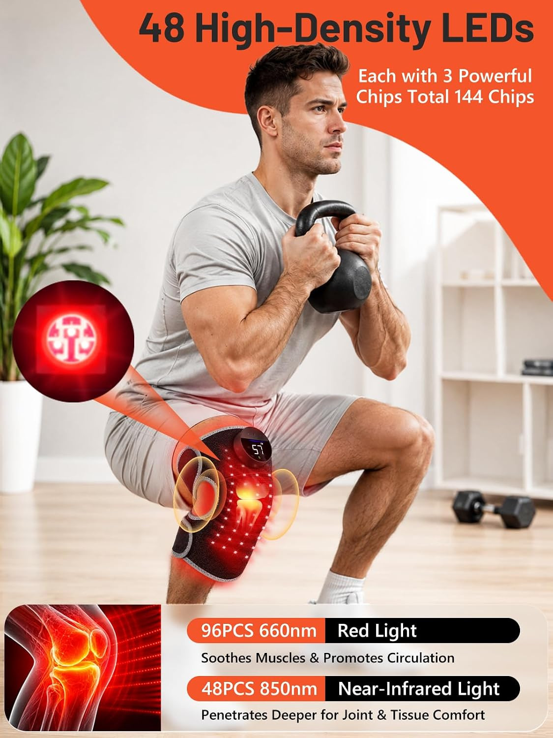 Red Light Therapy Knee Brace 144 Beads with Heat & Vibration Massage | Cordless