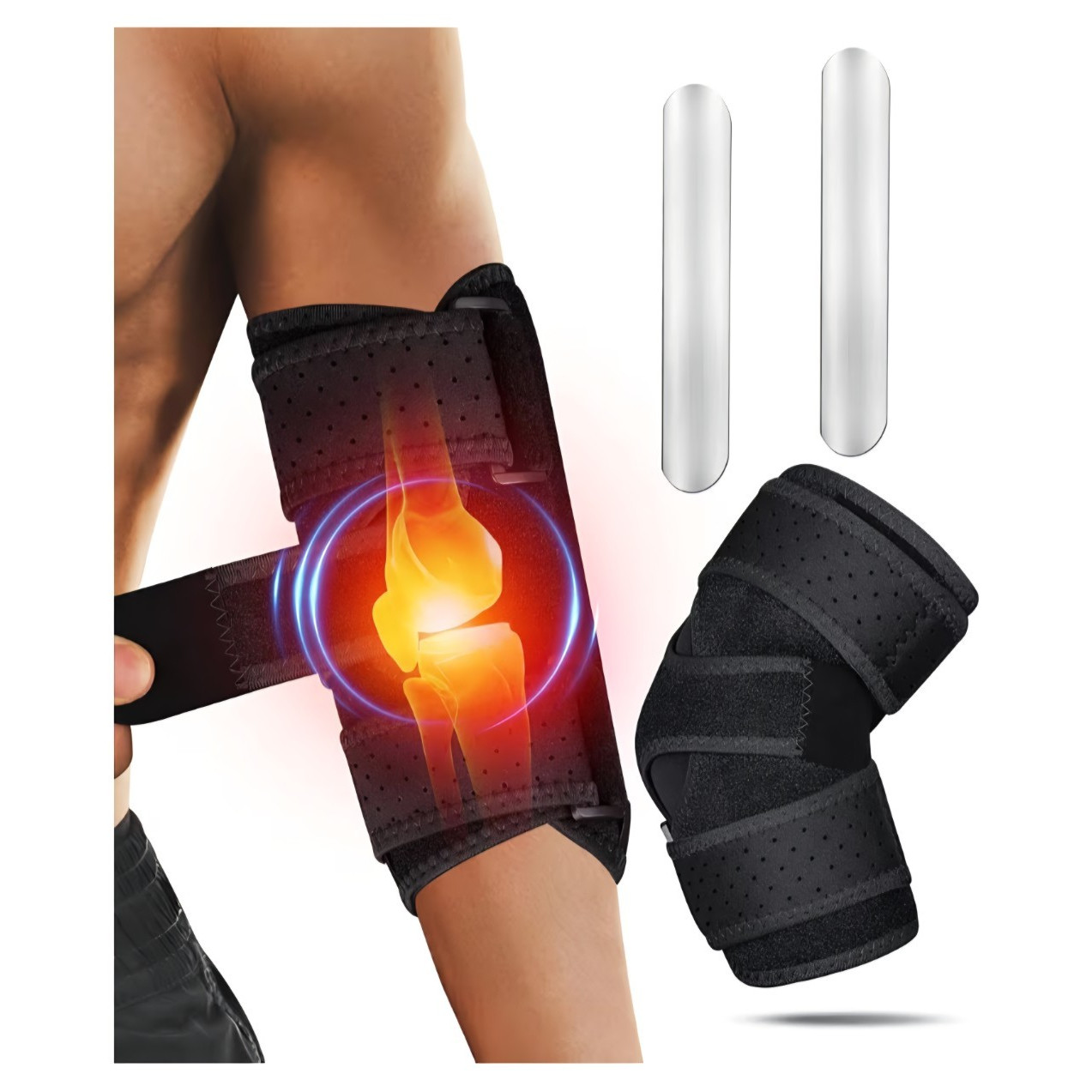 Black Elbow Brace Support Sleeve, One Size, Breathable, 2 Removable Splints