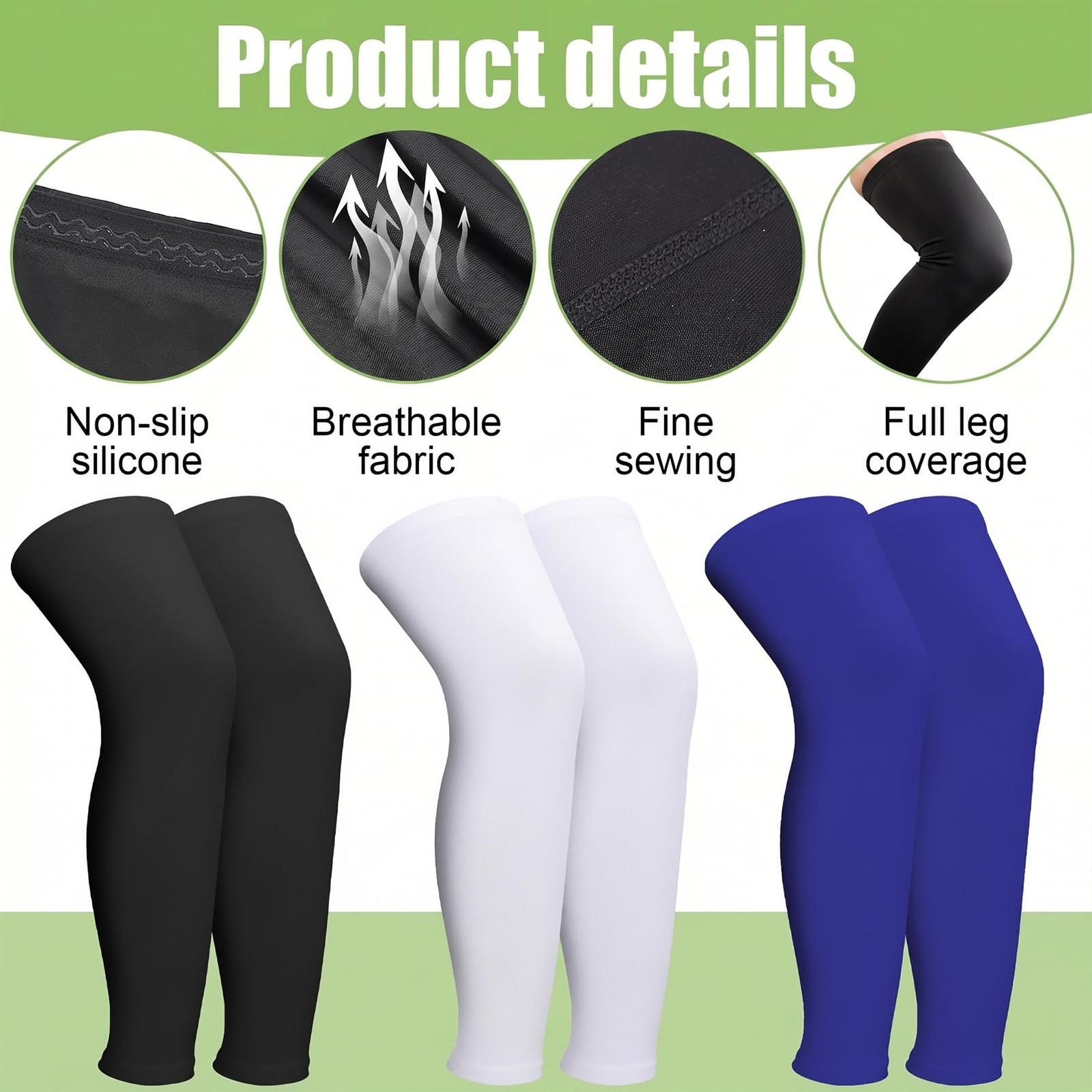 3 Pairs Compression Leg Sleeves, Full Length Leg Sleeves with Anti Slip Silic…