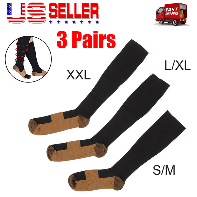 3Pairs Copper Compression Socks Black 20-30mmHg Graduated Support Men WomenS-XXL