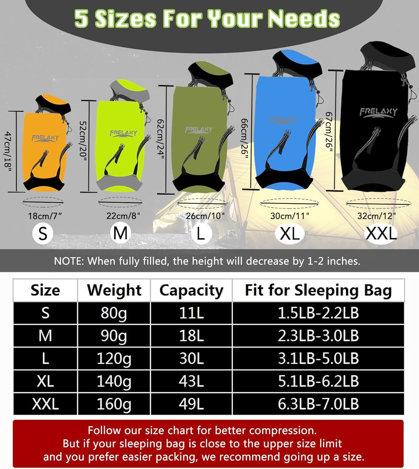 Compression Sack, 40% More Storage! 11L/18L/30L/45L/52L Compression Stuff Sack,