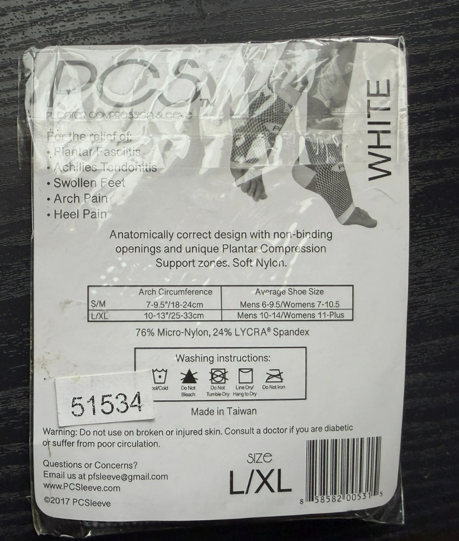 PCS 1 PLANTAR COMPRESSION SLEEVE White & Black Toeless SOCK L / XL NEW