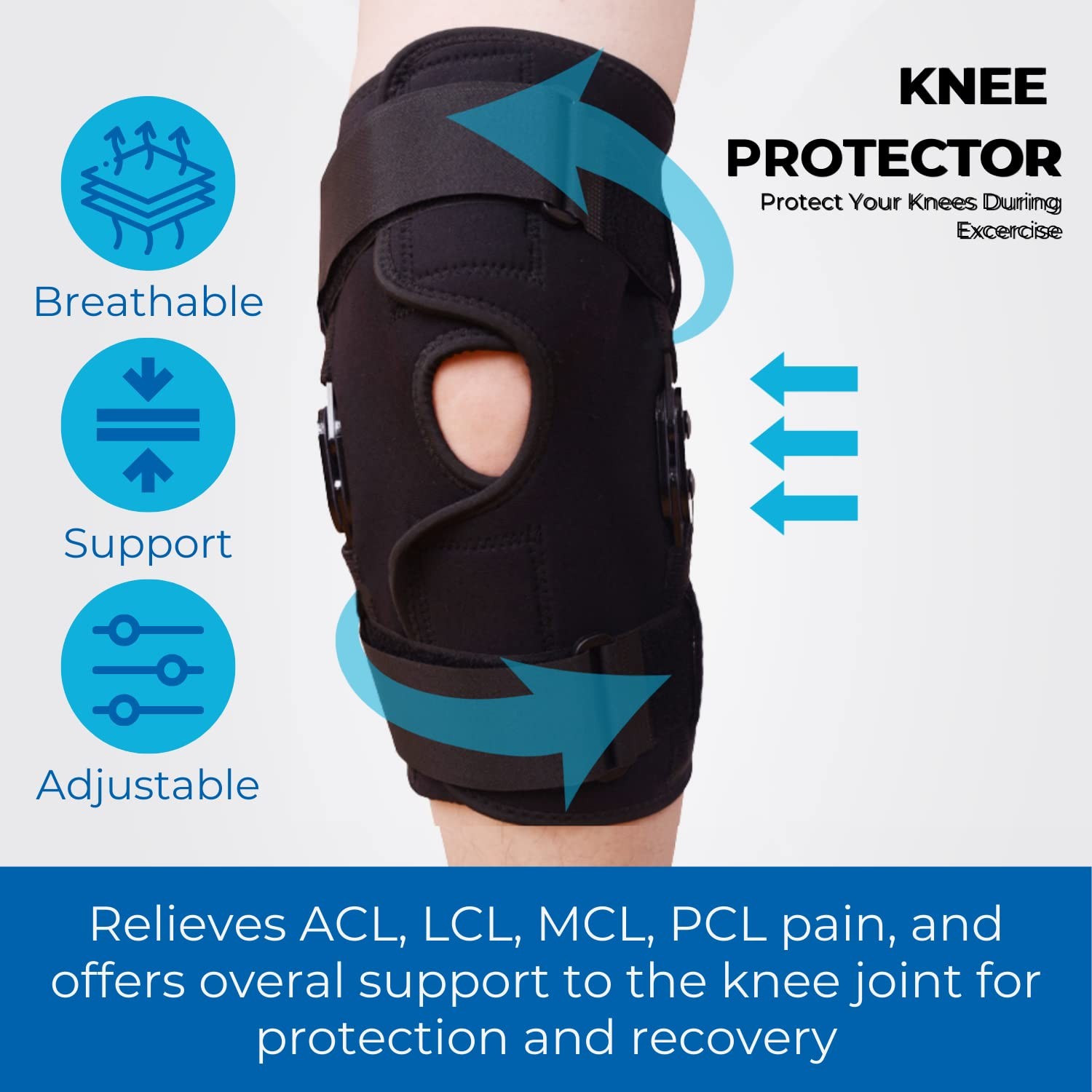 Wraparound Hinged Knee Brace Adjustable Plus Size Knee with Removable Side Me…