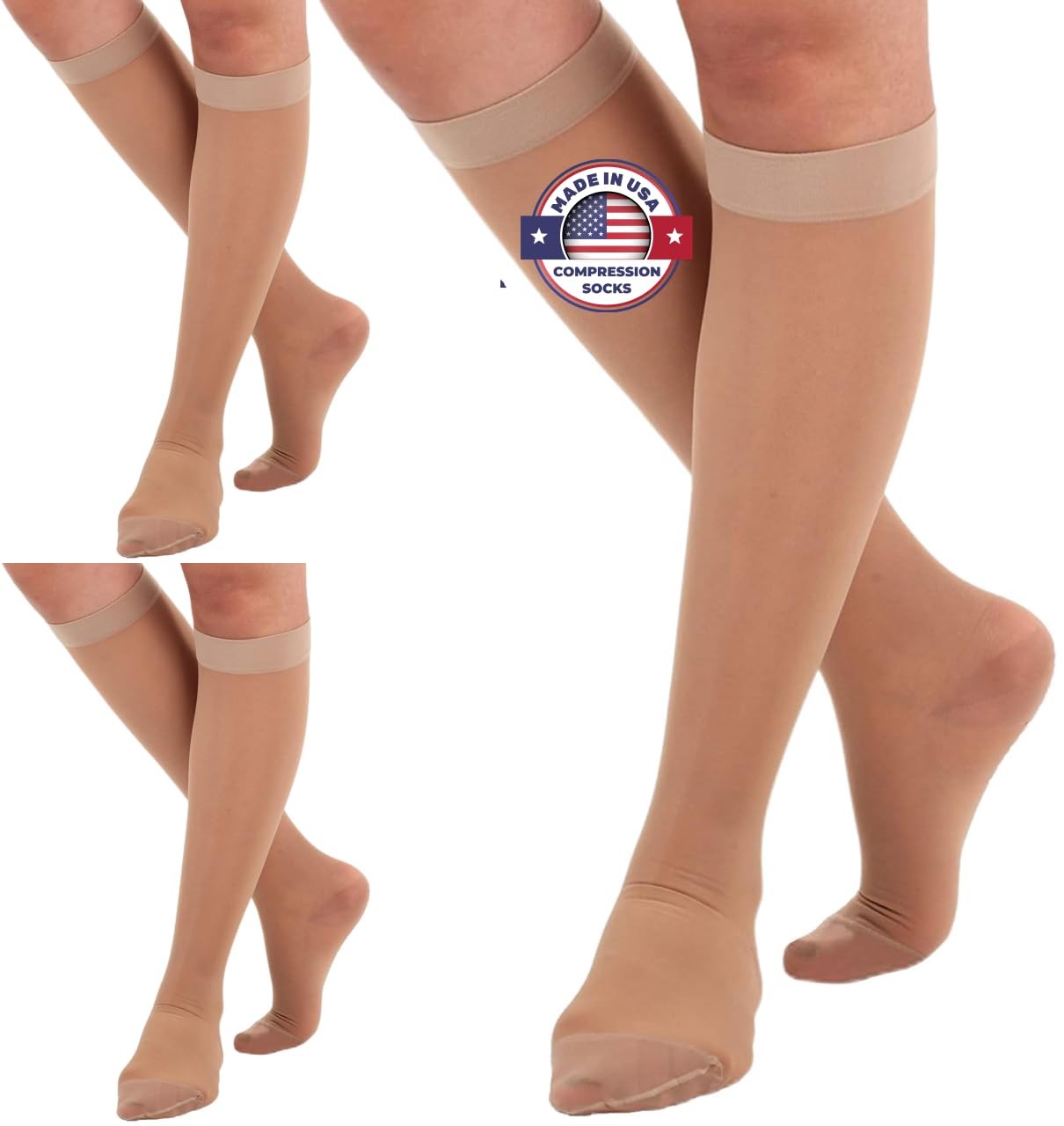 3 Pairs Sheer Compression Stockings for Women 15~20mmHg, Closed Toe