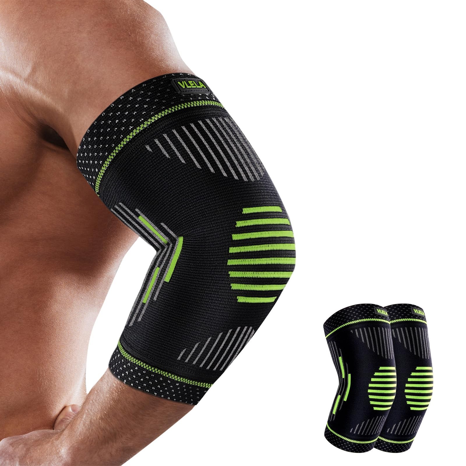 Vlela Elbow Compression Sleeve (1 pair),Elbow Brace for Large, Green&Black