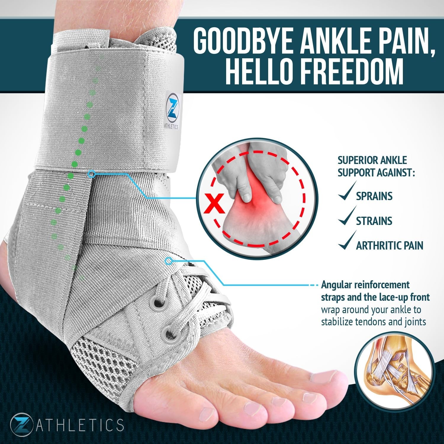 Z ATHLETICS Ankle Brace -Lace Up Adjustable Support Grey/Med