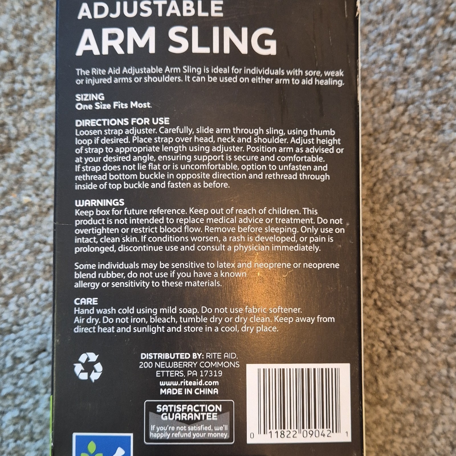 Rite Aid Adjustable Arm Sling One Size Fits Most Black Latex Neoprene