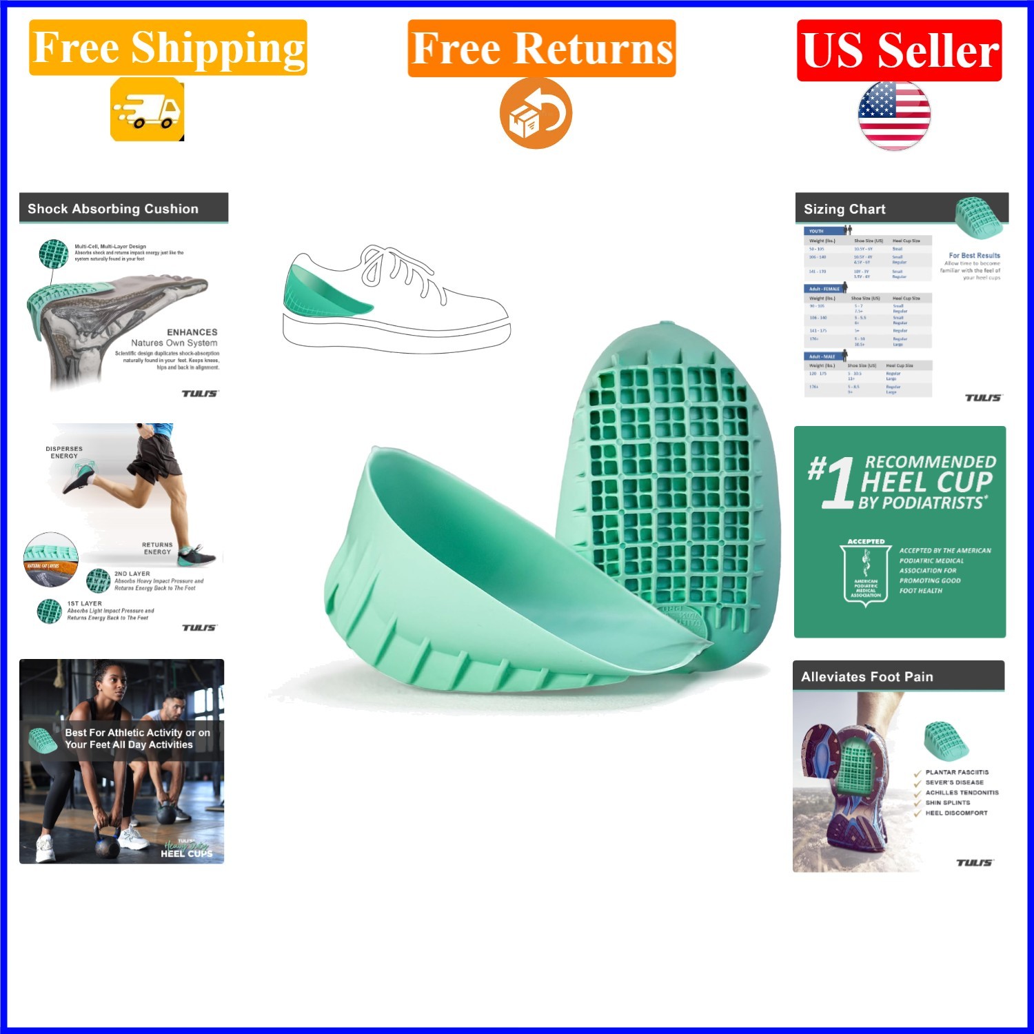 Heavy Duty Green Heel Cups, Small, Shock-Absorbing Inserts for Heel Pain
