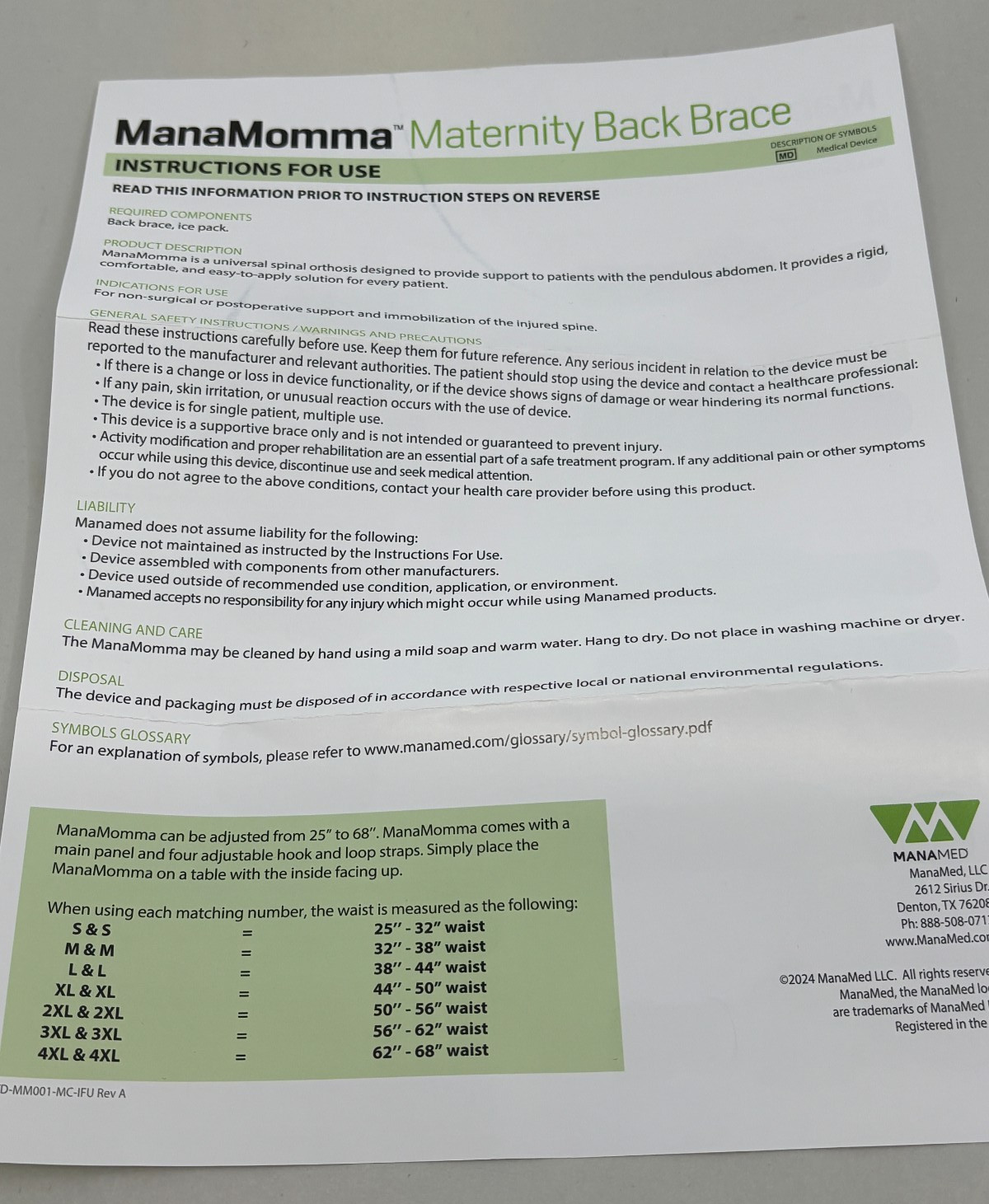 Manamed ManaMomma Maternity Back Brace Support Wrap Size Universal MM001-MC