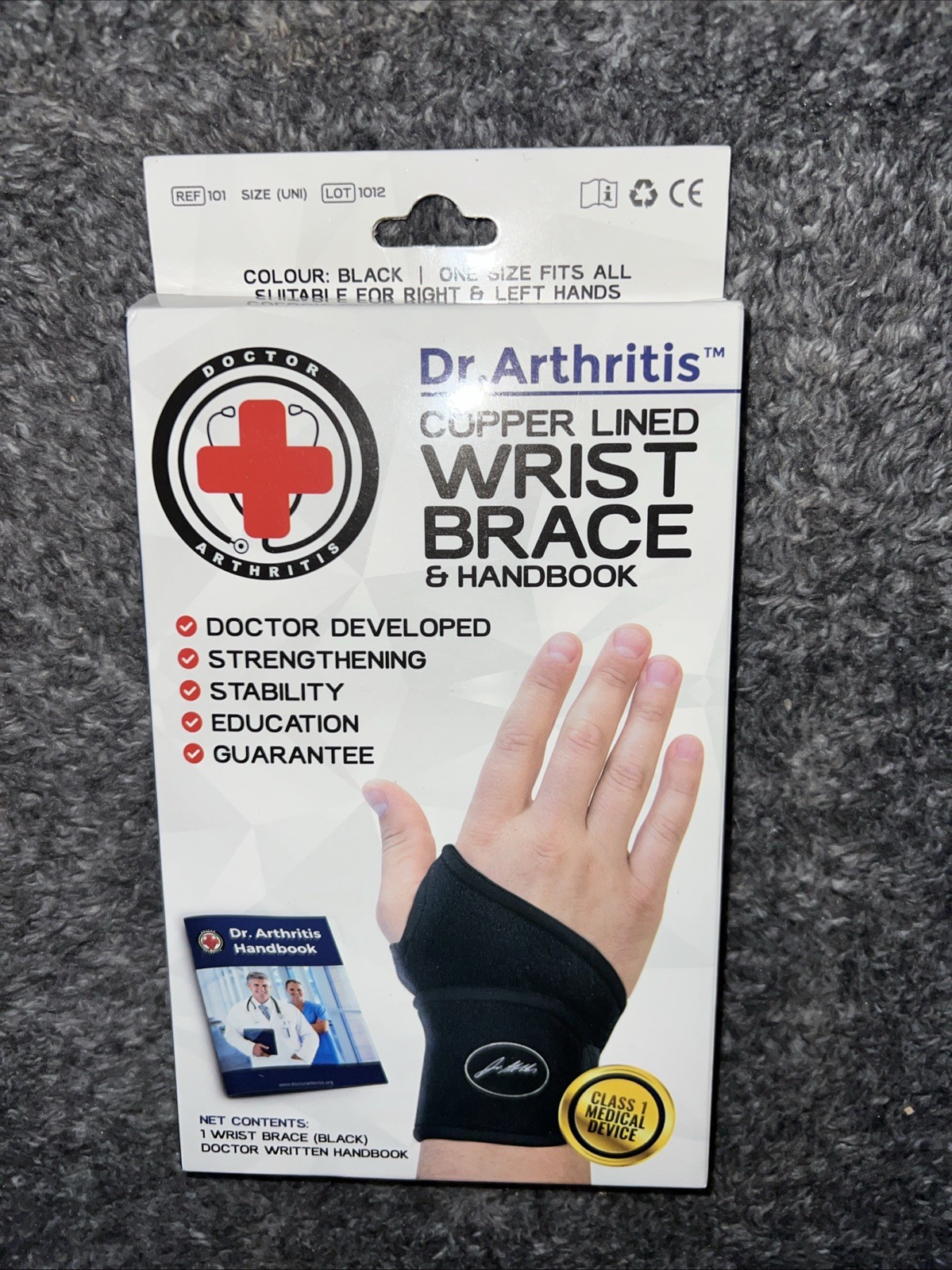 Dr. Arthritis Copper Lined Wrist Brace & Handbook 1 Size Left Or Right Black
