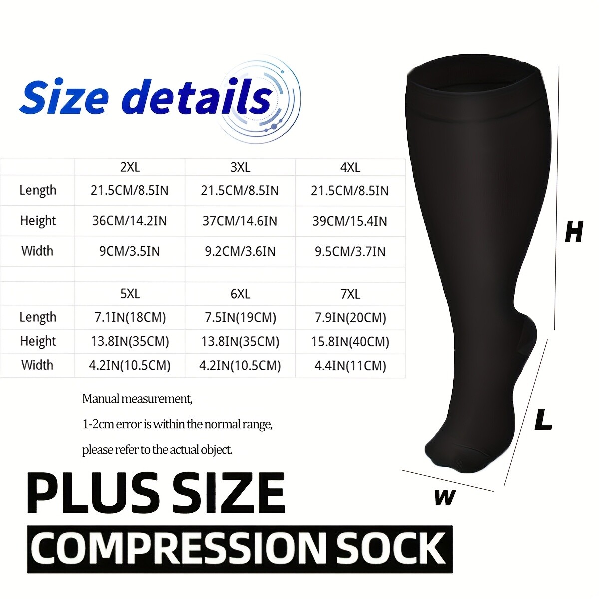 3 Pairs Plus Size Extra Wide Calf Compression Sock Knee High Closed Toe Stocking