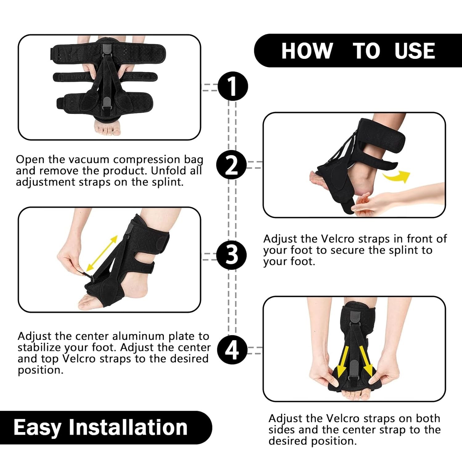 Plantar Fasciitis Night Splint, 3 Adjustable Straps – Adult/Unisex – Black