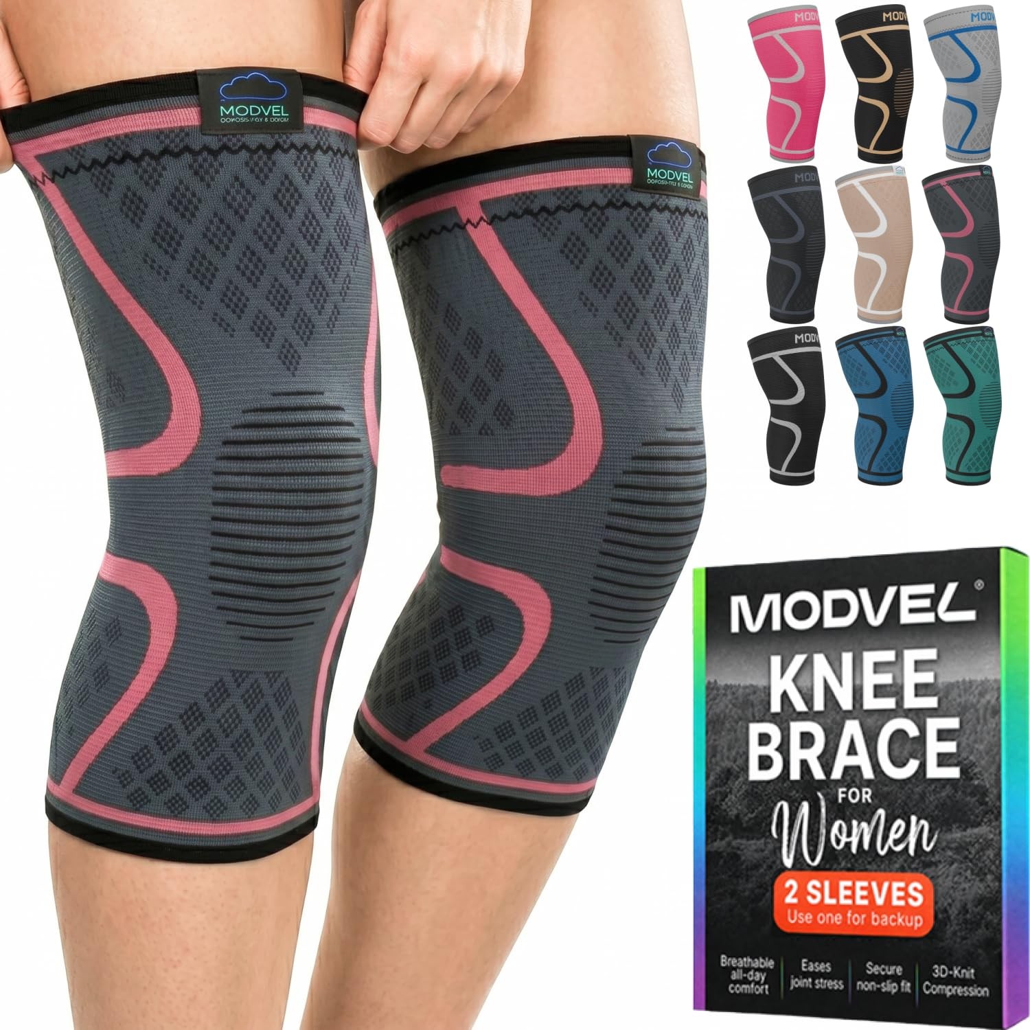 Modvel 2 Pack Knee Brace for Women – Support Walking, Medium, Pink