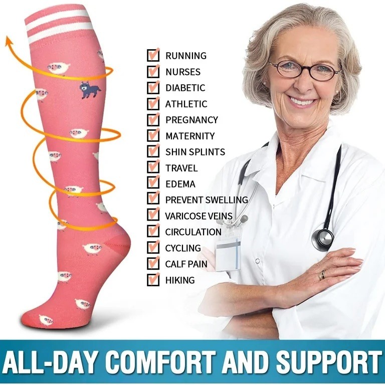 6 Pack of Compression Socks Stockings Women Knee High 20-30Mmg Medical Running