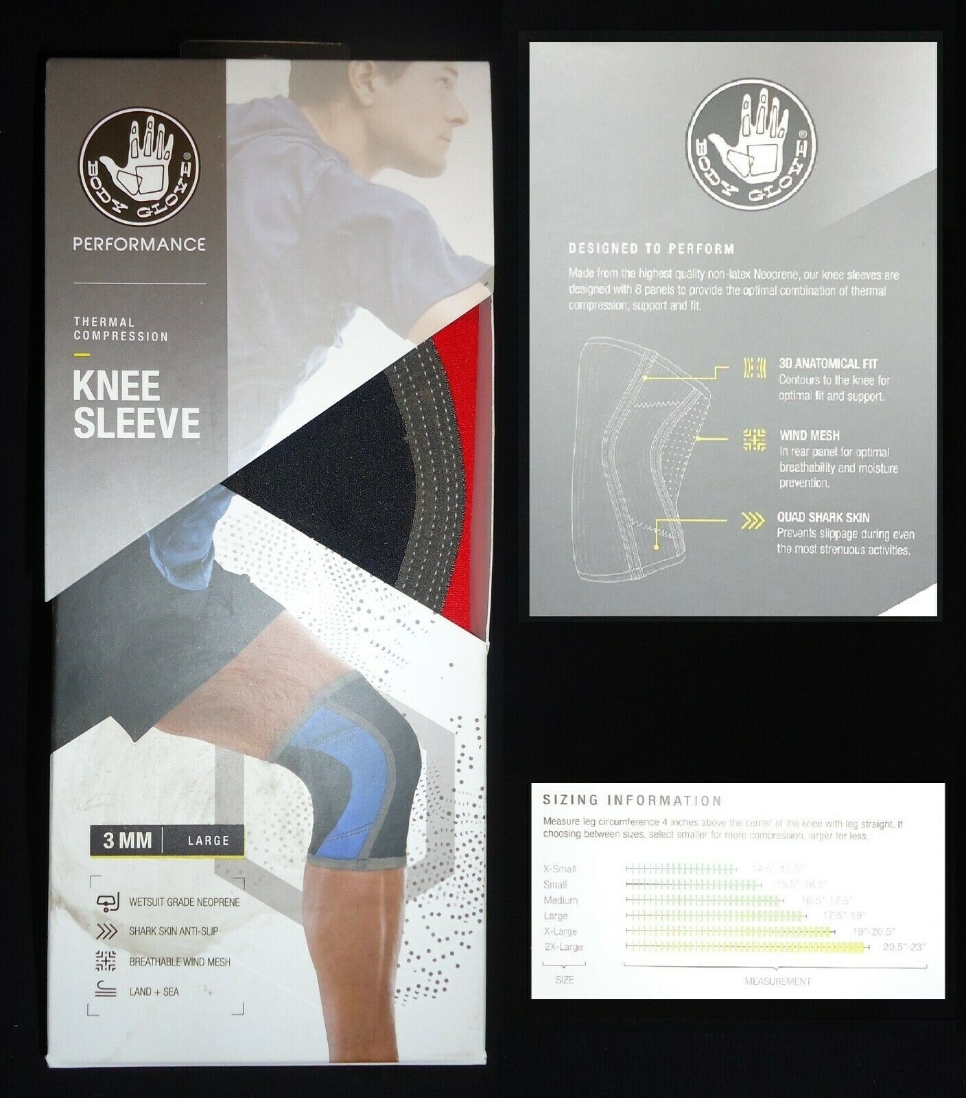 Body Glove Performance Thermal Compression Knee Sleeve 3mm Large Black Red Gray