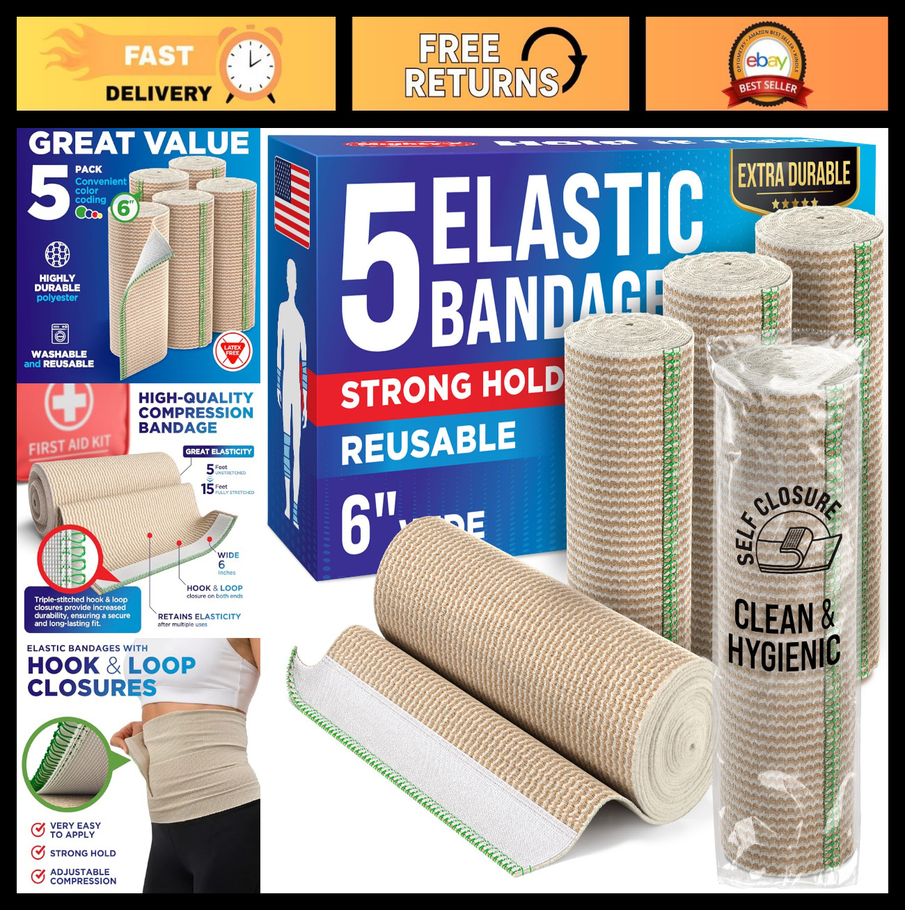 Elastic Bandage Wraps – 6” (5 Pack) – Strong Compression, Self-Closing, Reusable