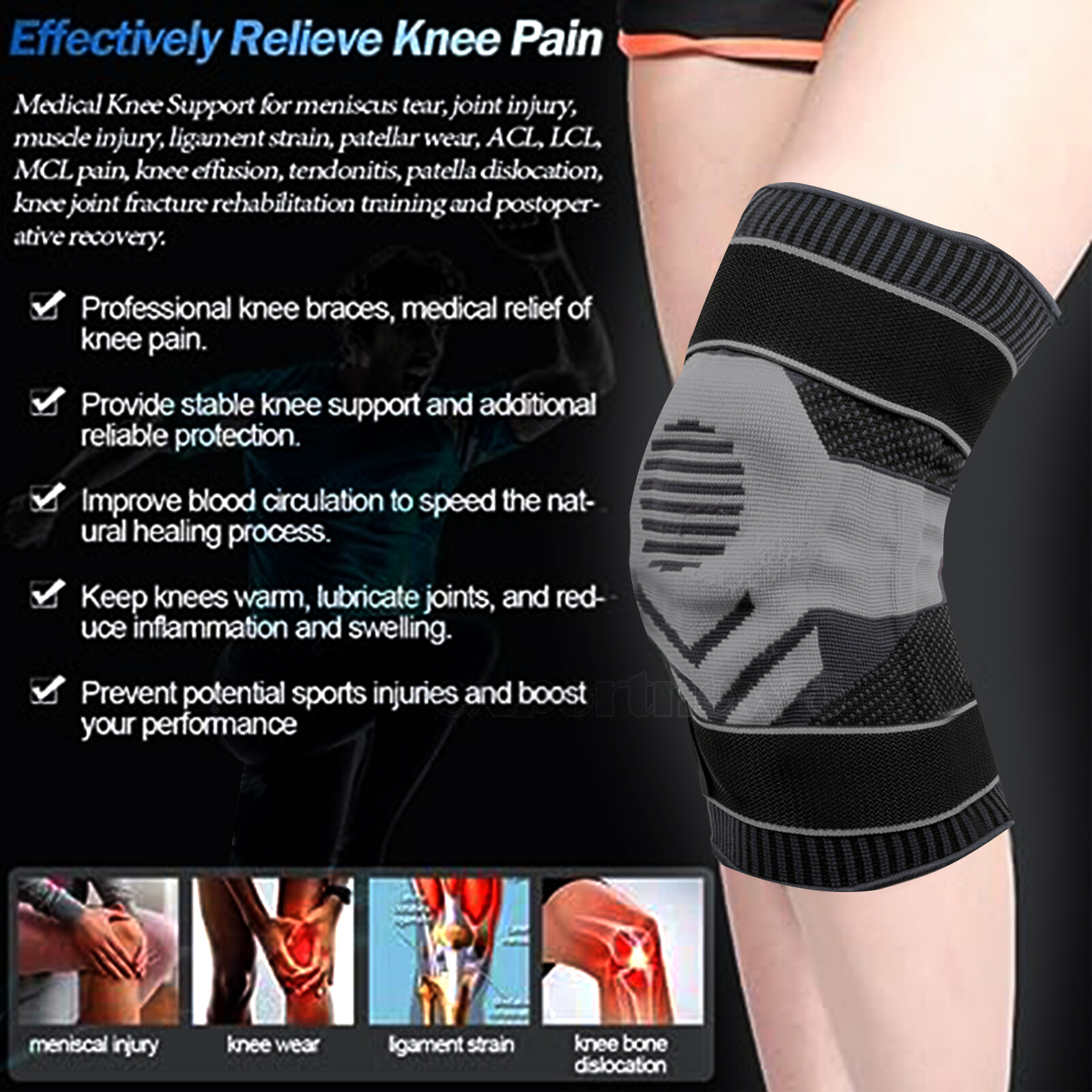 Knee Brace Compression Sleeve Support with Gel Pad Side Stabilizers Patella Wrap