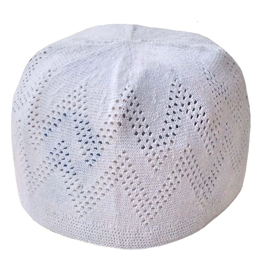 Muslim White Cotton Open-Knit Turkish Islamic Skull Kufi Cap Kuffiyeh Hat
