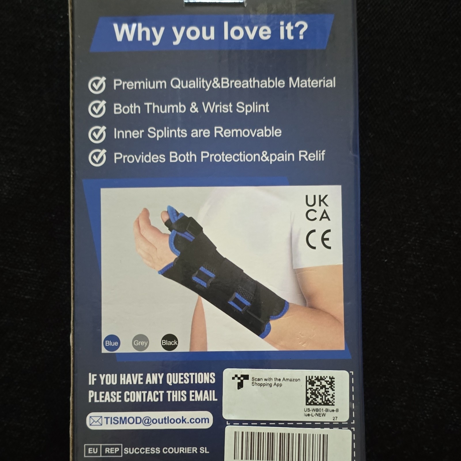 TISMOD Adjustable Thumb & Wrist Support Splint Brace, Breathable, Blue/Black