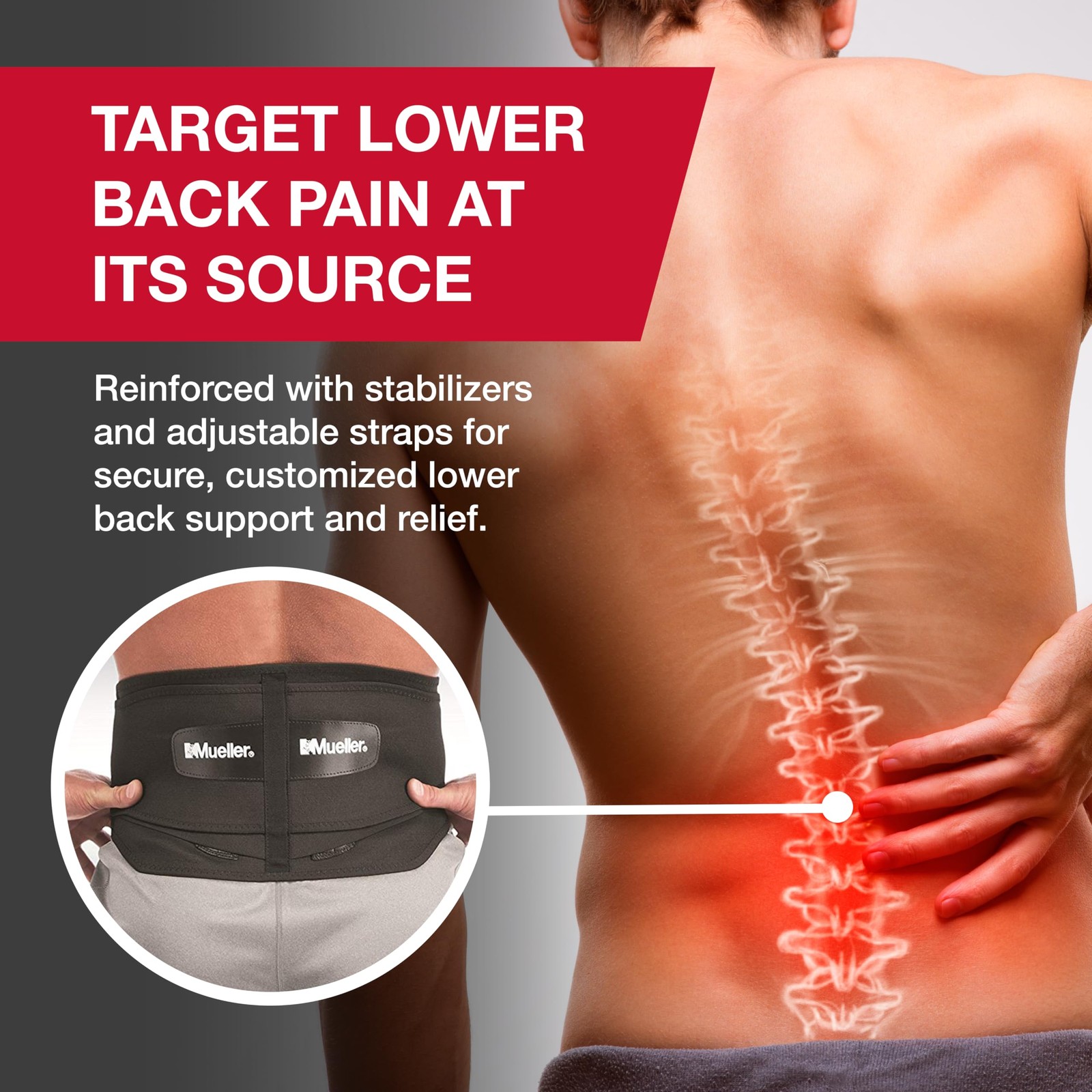 MUELLER Sports Medicine Adjustable Lumbar Back Brace, Lower Regular, Black