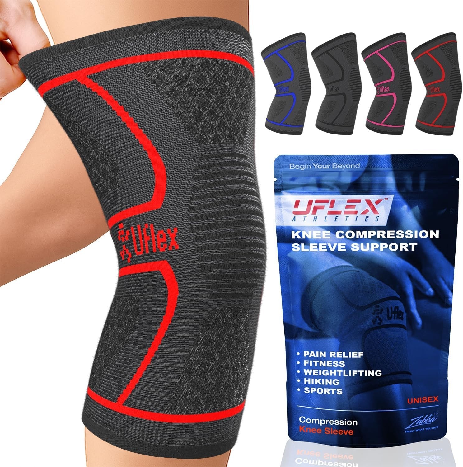 UFlex Athletics Knee Compressing Sleeve – Black/Red – Medium