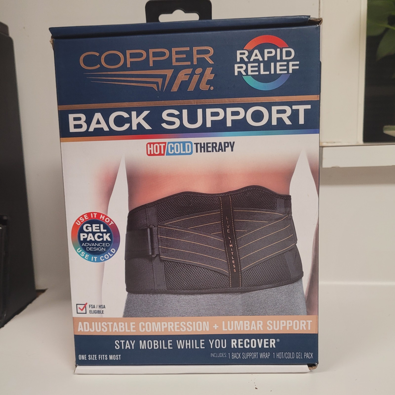Copper Fit Rapid Relief Back Support Adjustable Fit Hot Cold Therapy OPEN BOX