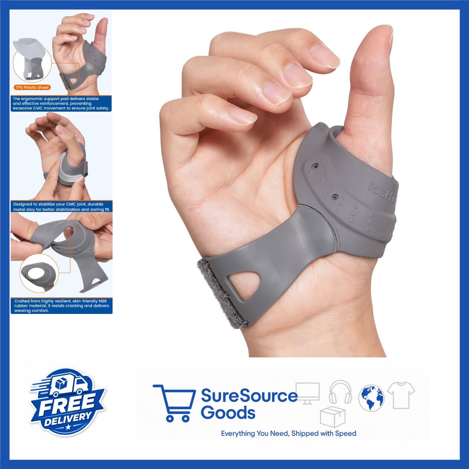 Thumb Brace for Right Hand Medium CMC Joint Arthritis Pain Relief Adjustable Fit