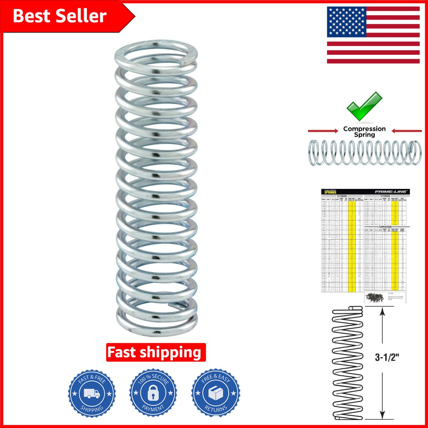 Heavy-Duty Compression Spring Set – Nickel-Plated, 1 In. x 3-1/2 In., 2 Pack