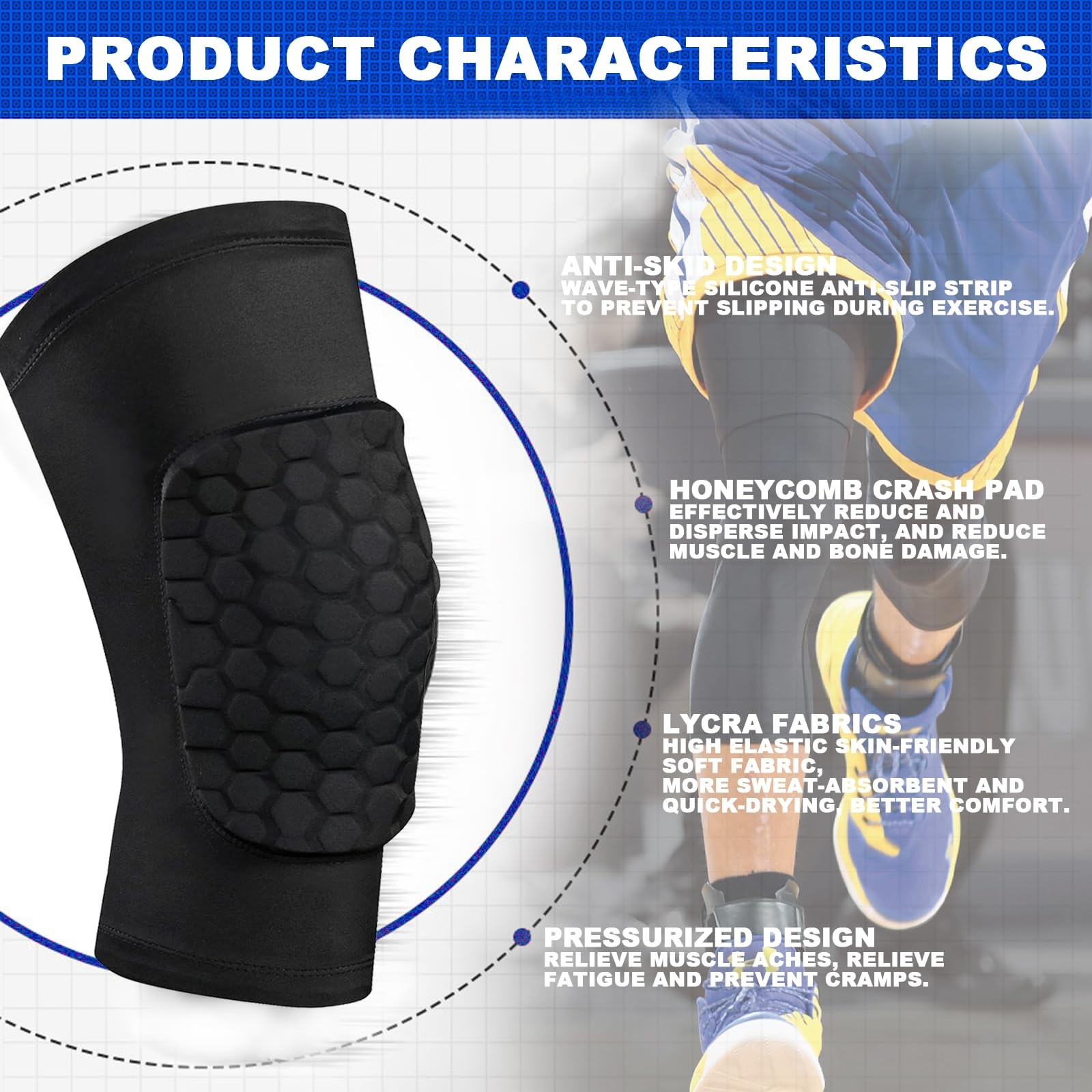 Knee Compression Pads Sleeve Honeycomb Brace NonSlip Size XL Black 2 PCS