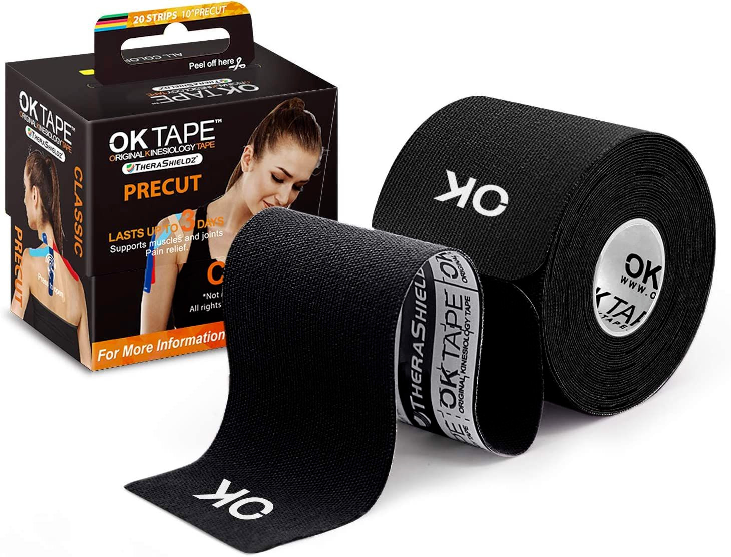 OK TAPE Kinesiology Tape 10 inches Precut, 20 Strips, Cotton Elastic Black