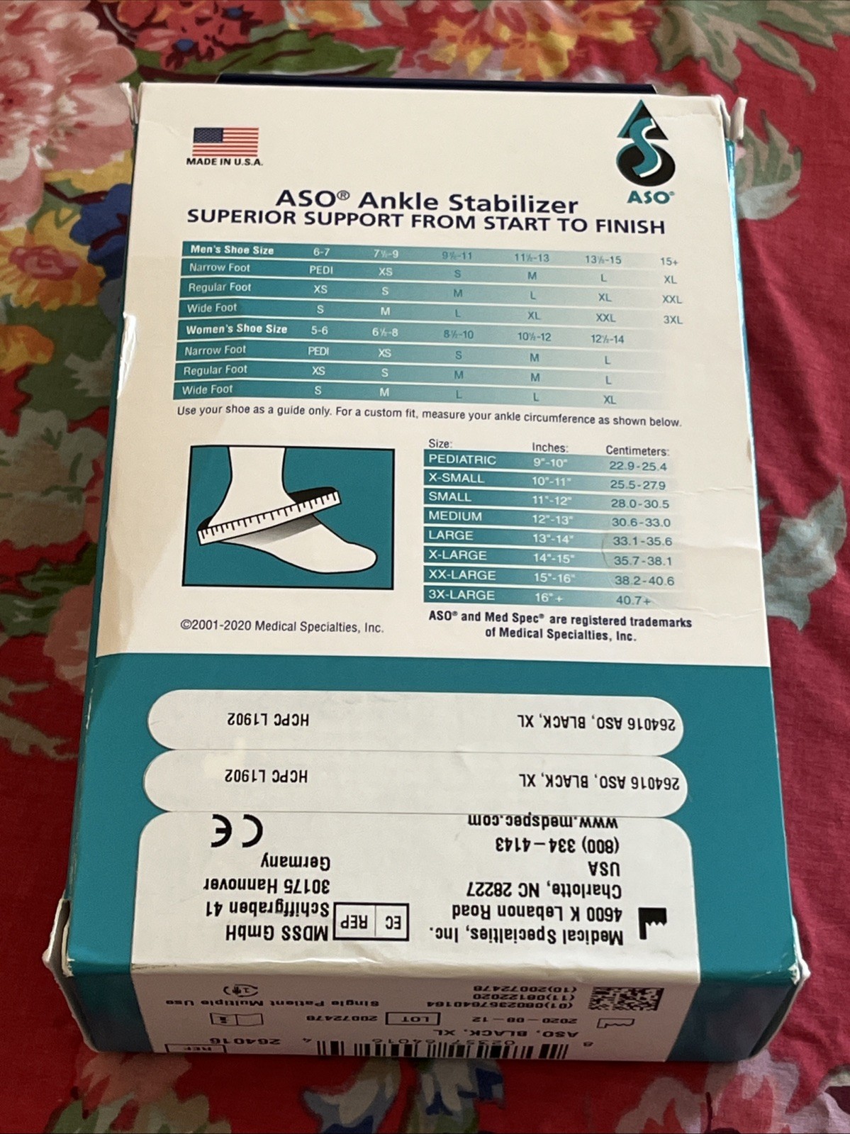 Med Spec ASO Ankle Stabilizer Brace Black XL X-Large New in Box