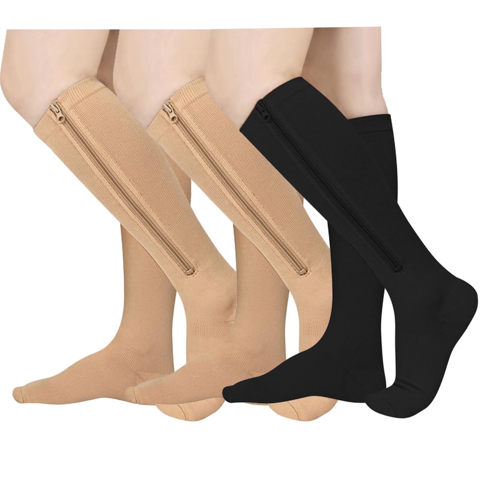 Zipper Compression Socks 15-20 mmHg Closed Toe Support Men Women 3 Pairs