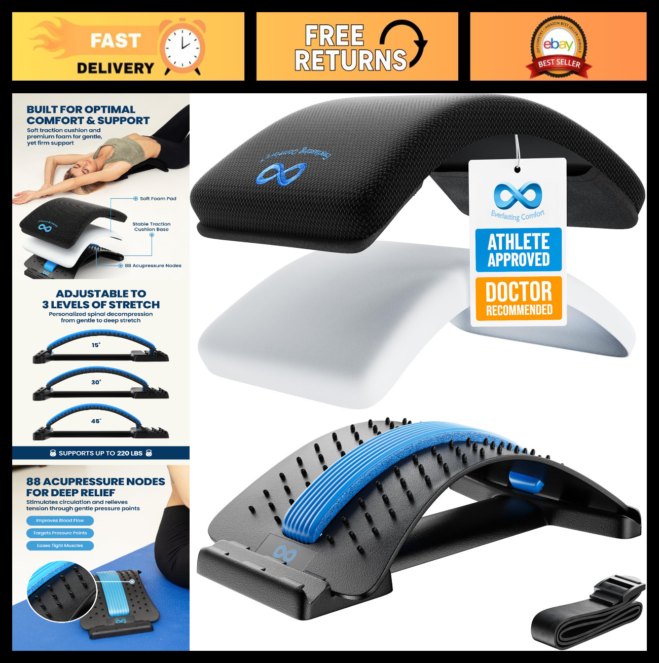 Adjustable Lumbar Support Board – Back Stretcher for Lower Pain Relief & Posture