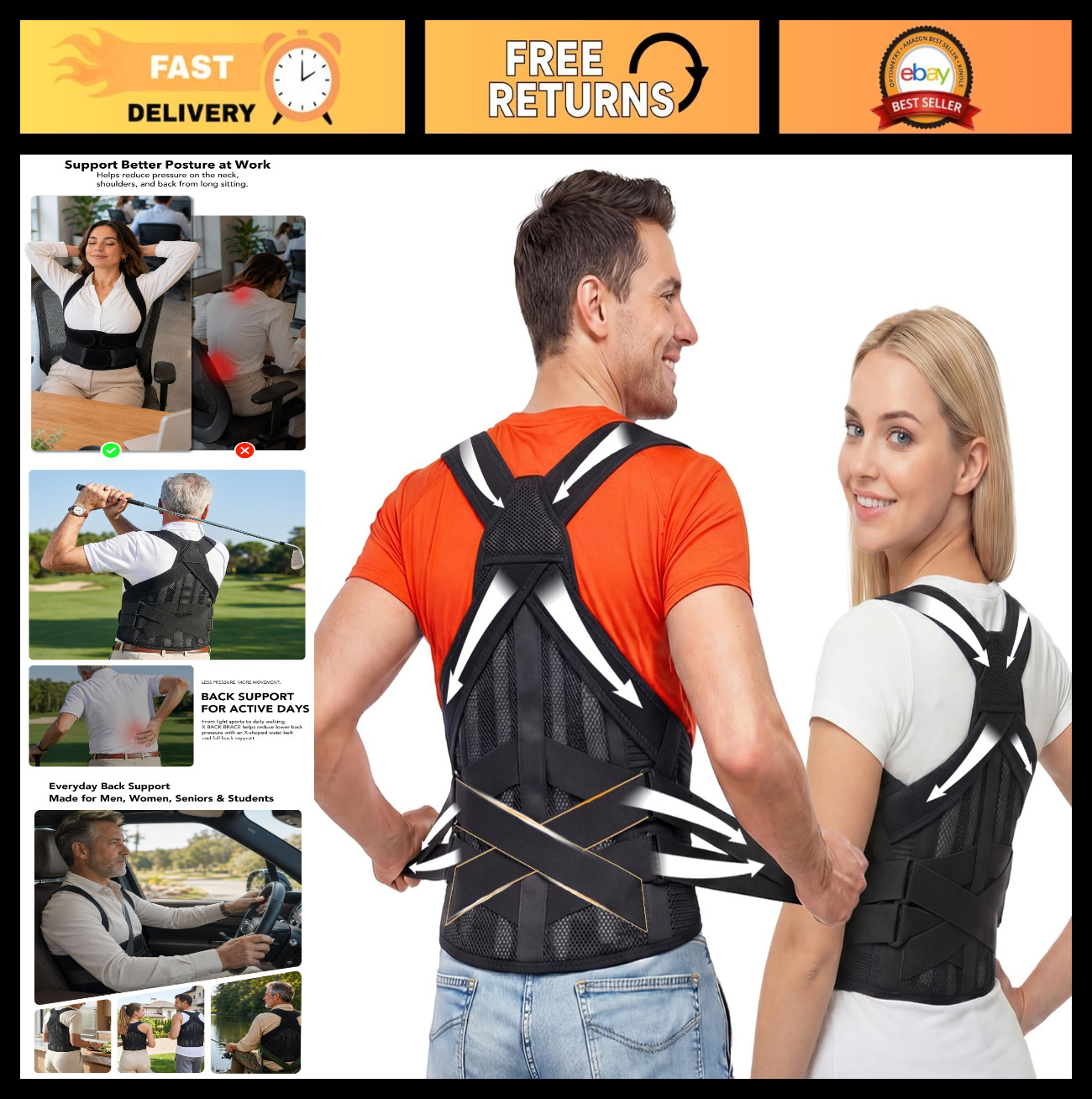 Posture Corrector Back Brace for Pain Relief, Adjustable Lumbar Support, Breatha