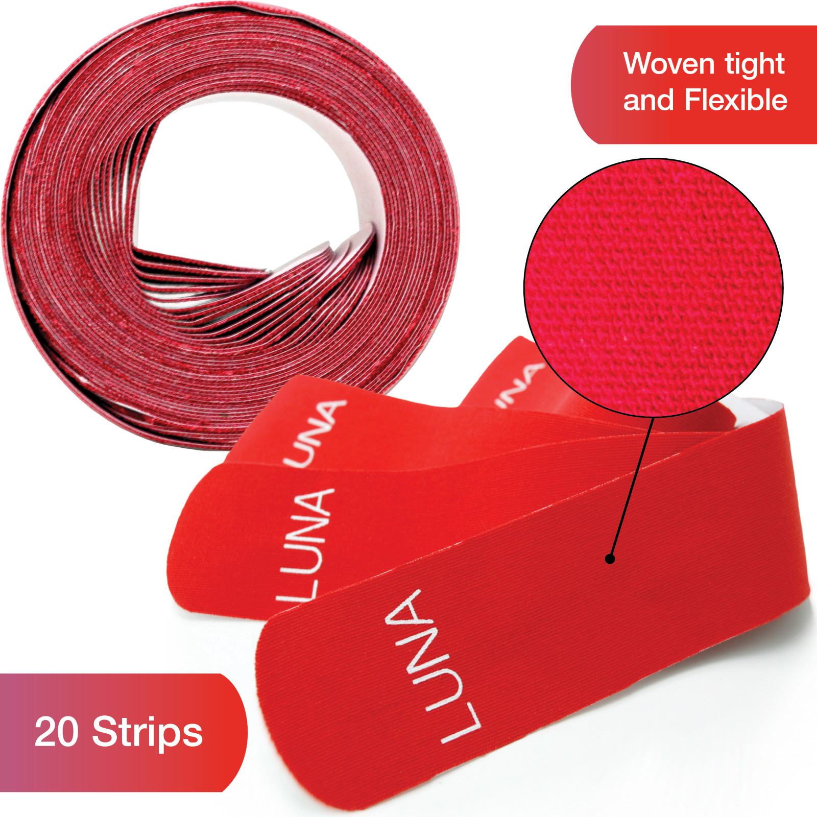 Luna Body Kinesiology Pro Tape Strips (20 Pre-cut Roll, 10″ x 2″, Rockin’ Red)