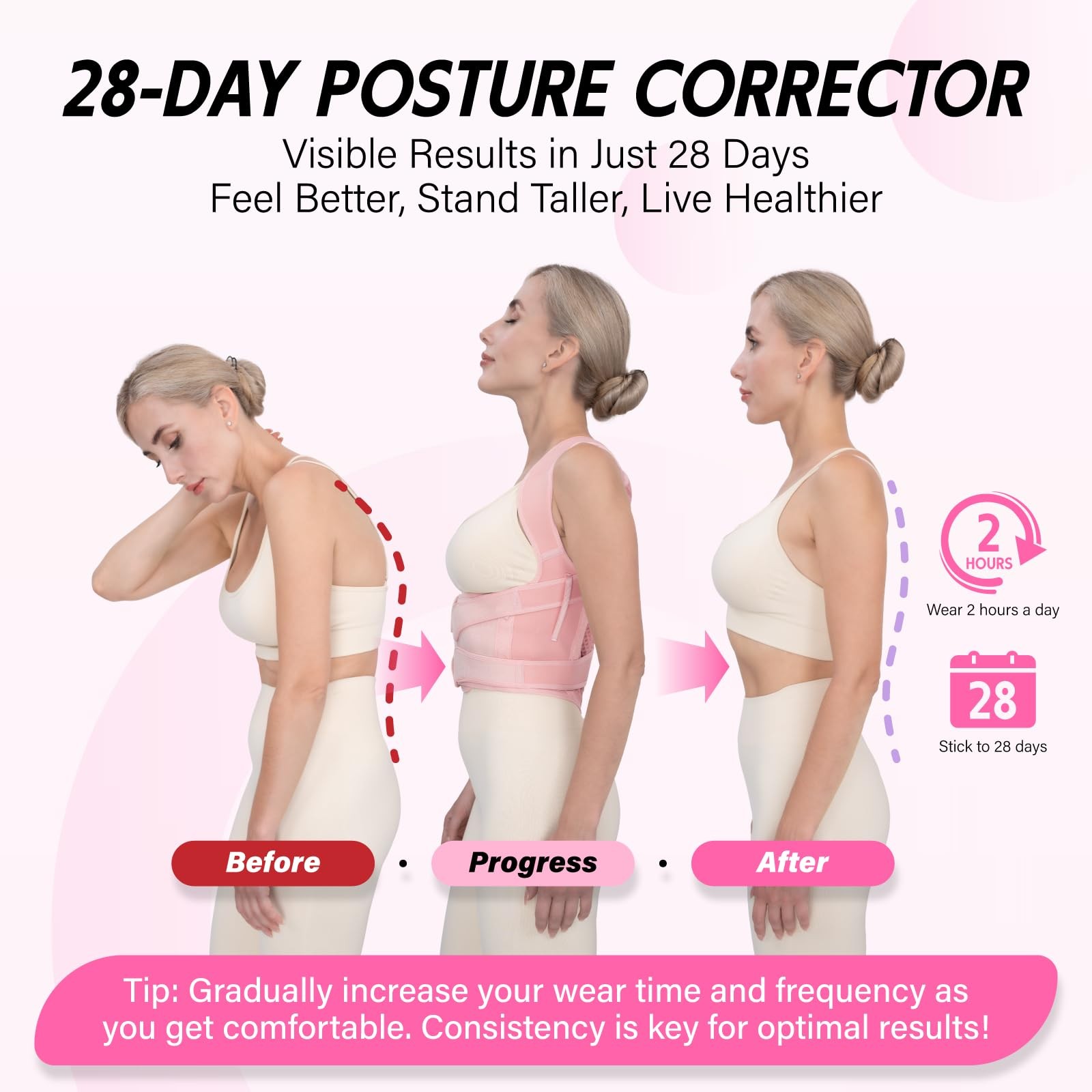 LuxuMach Back Brace Posture Corrector for Women & Men, Medium, Pink