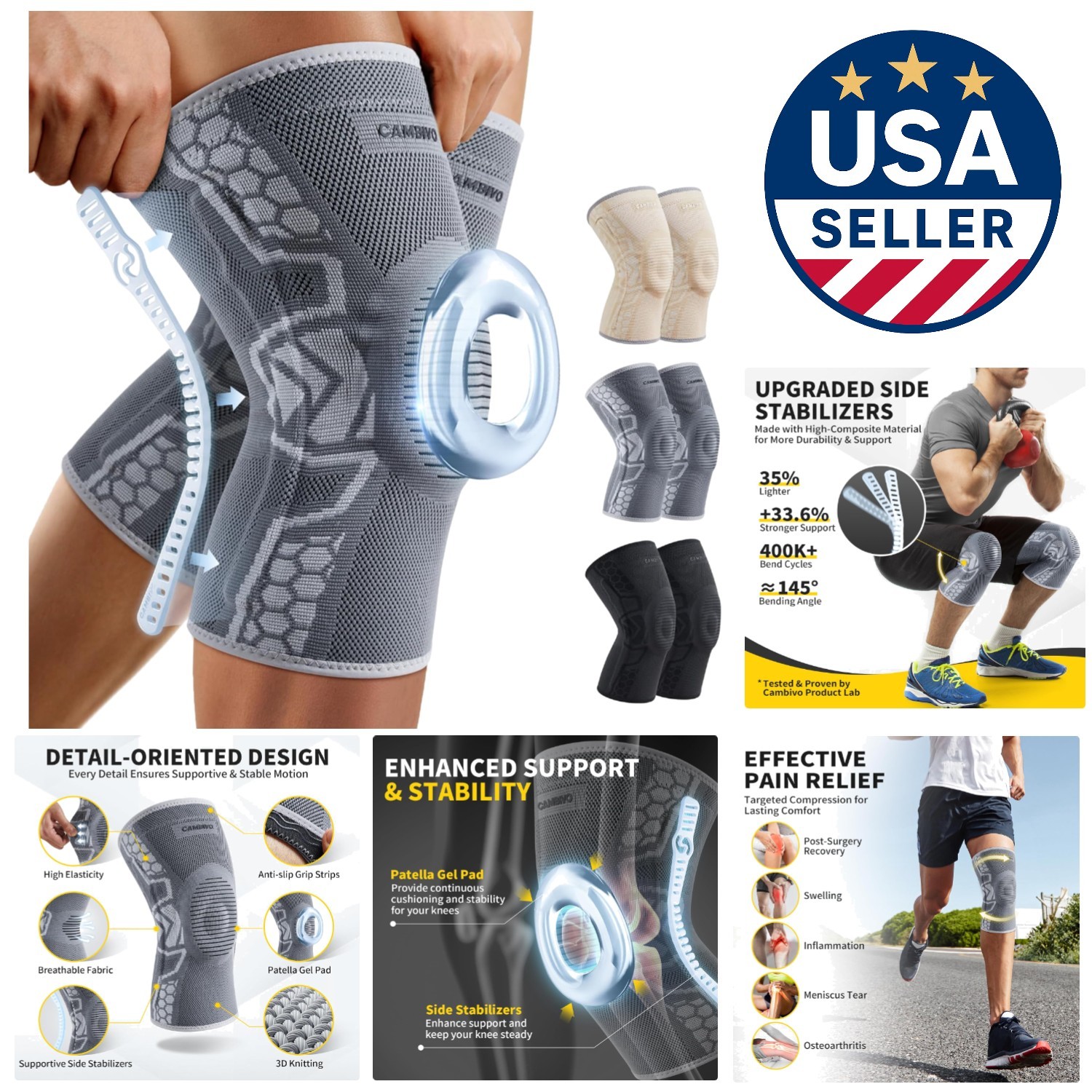 Knee Support Sleeves with Gel Pad & Stabilizers for Running & Daily Use – 2 Pack