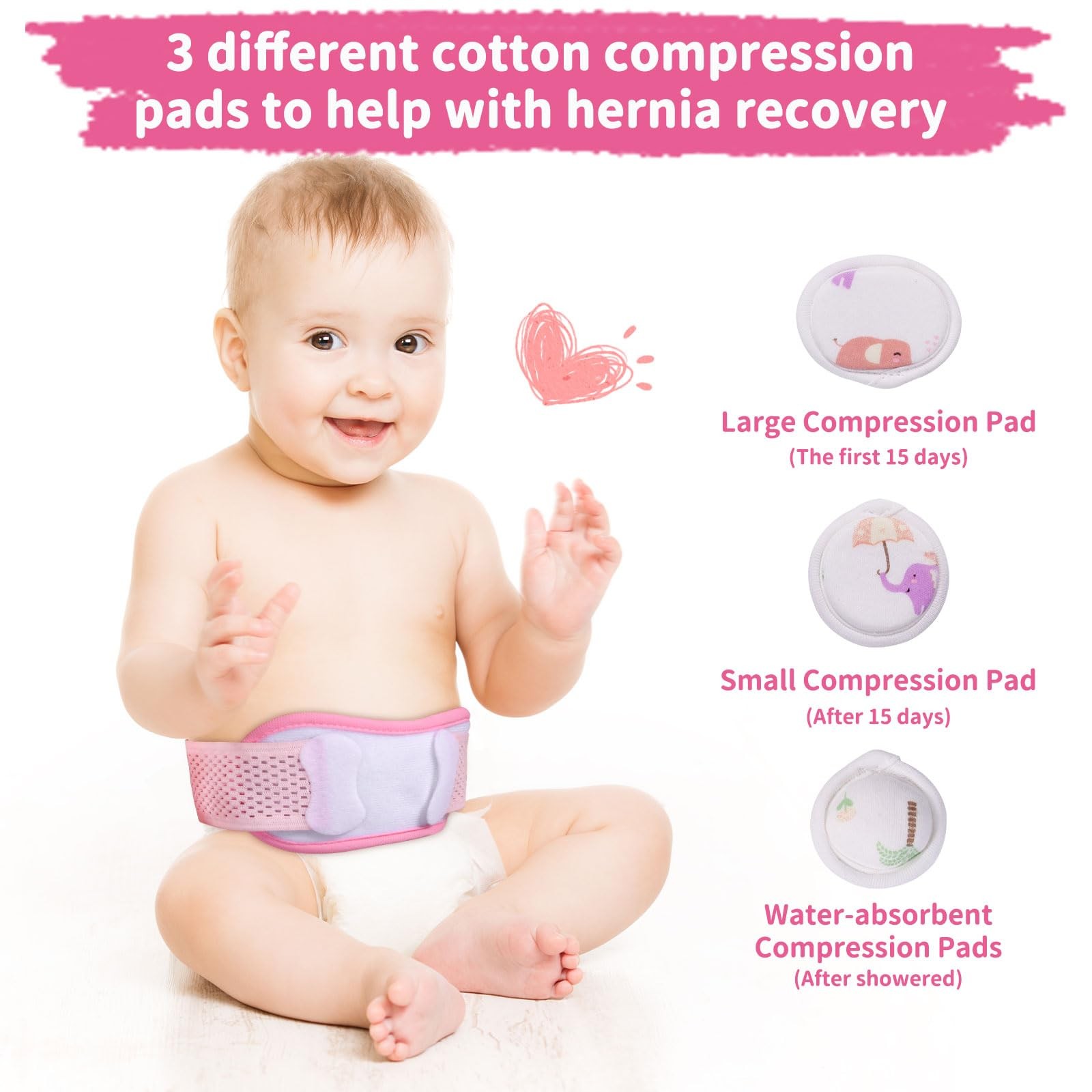 Baby Umbilical Hernia Belt Navel Band 3 Compression Pads 14-21 Inch Pink