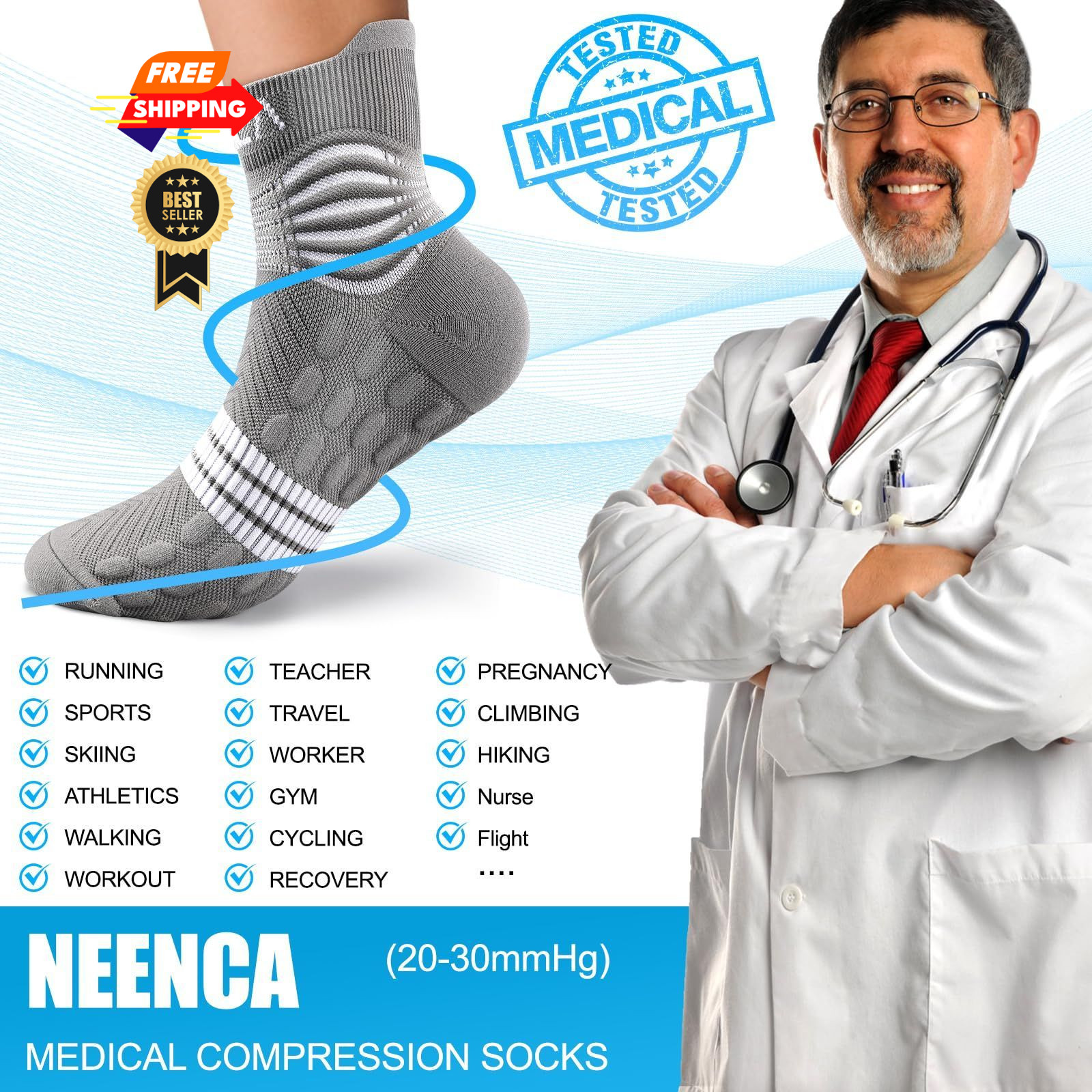 NEENCA Professional Compression Socks, Medical Athletic Large, stan carbon
