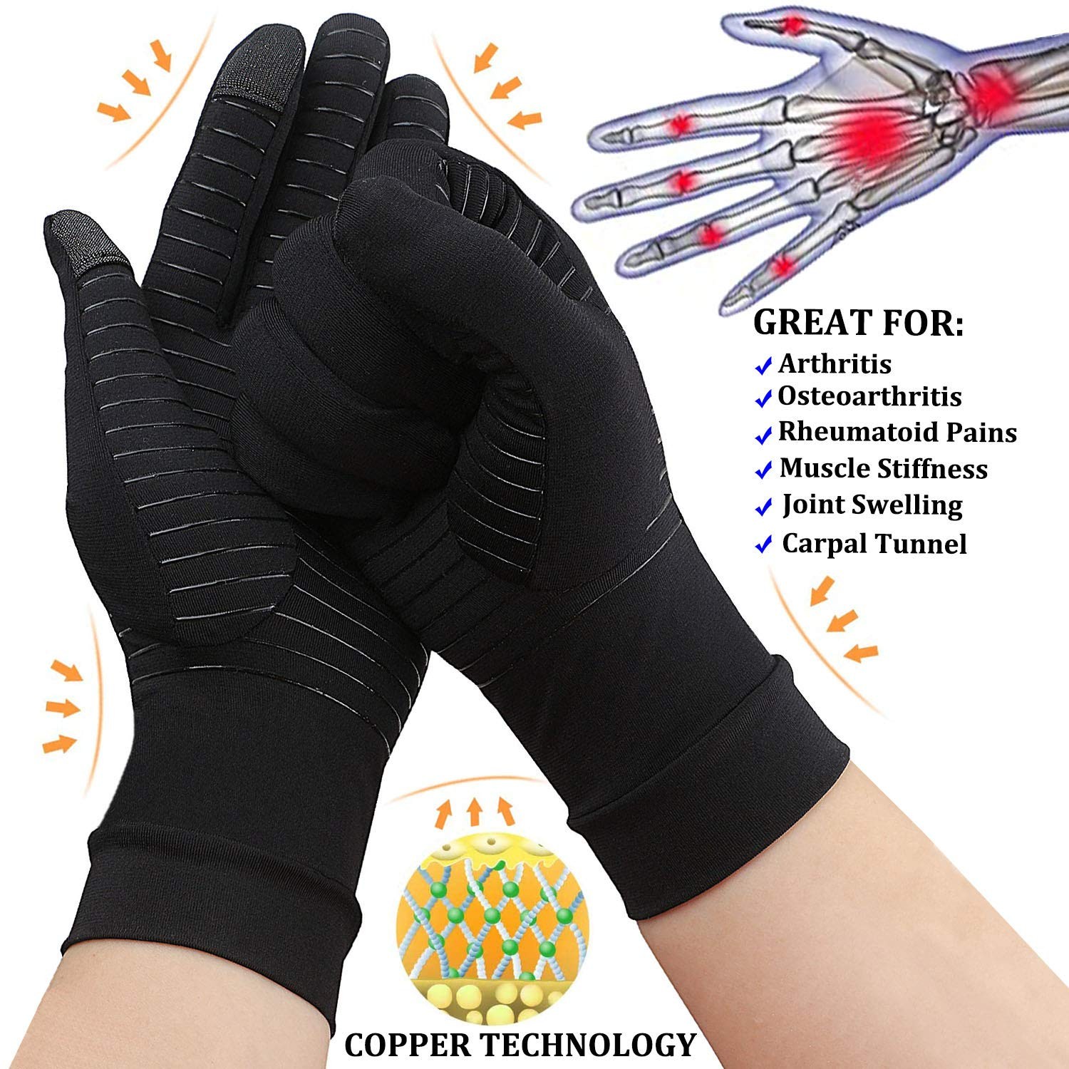 2 Pairs Copper Infused Full Finger Compression Gloves Arthritis Pain Relief M…