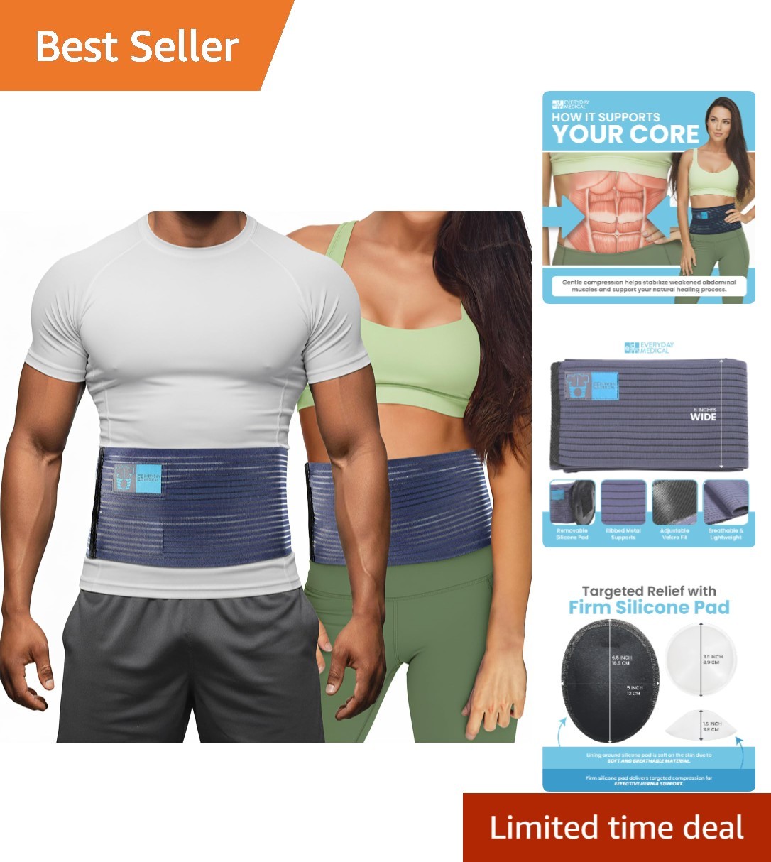 Lightweight Abdominal Compression Garment – Hernia Recovery Belt S/M, Gray