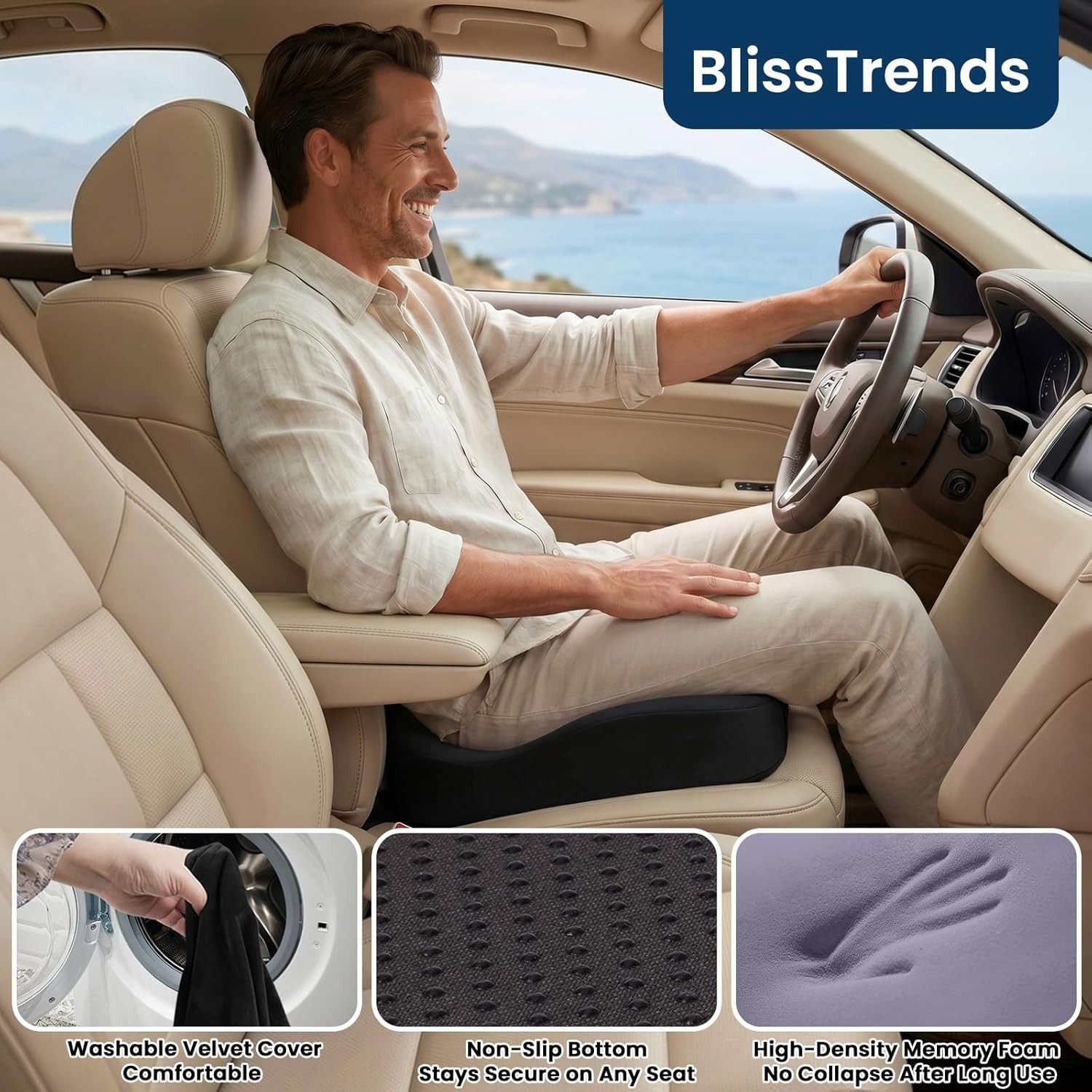 BlissTrends Memory Foam Seat Cushion 4.7in Ergonomic Tailbone Support Black