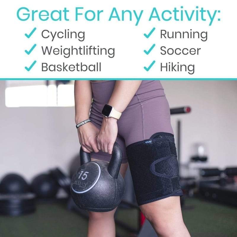 VIVE Thigh Brace OSFM, Black Hamstring Quad Wrap – Adjustable Compression Sleeve