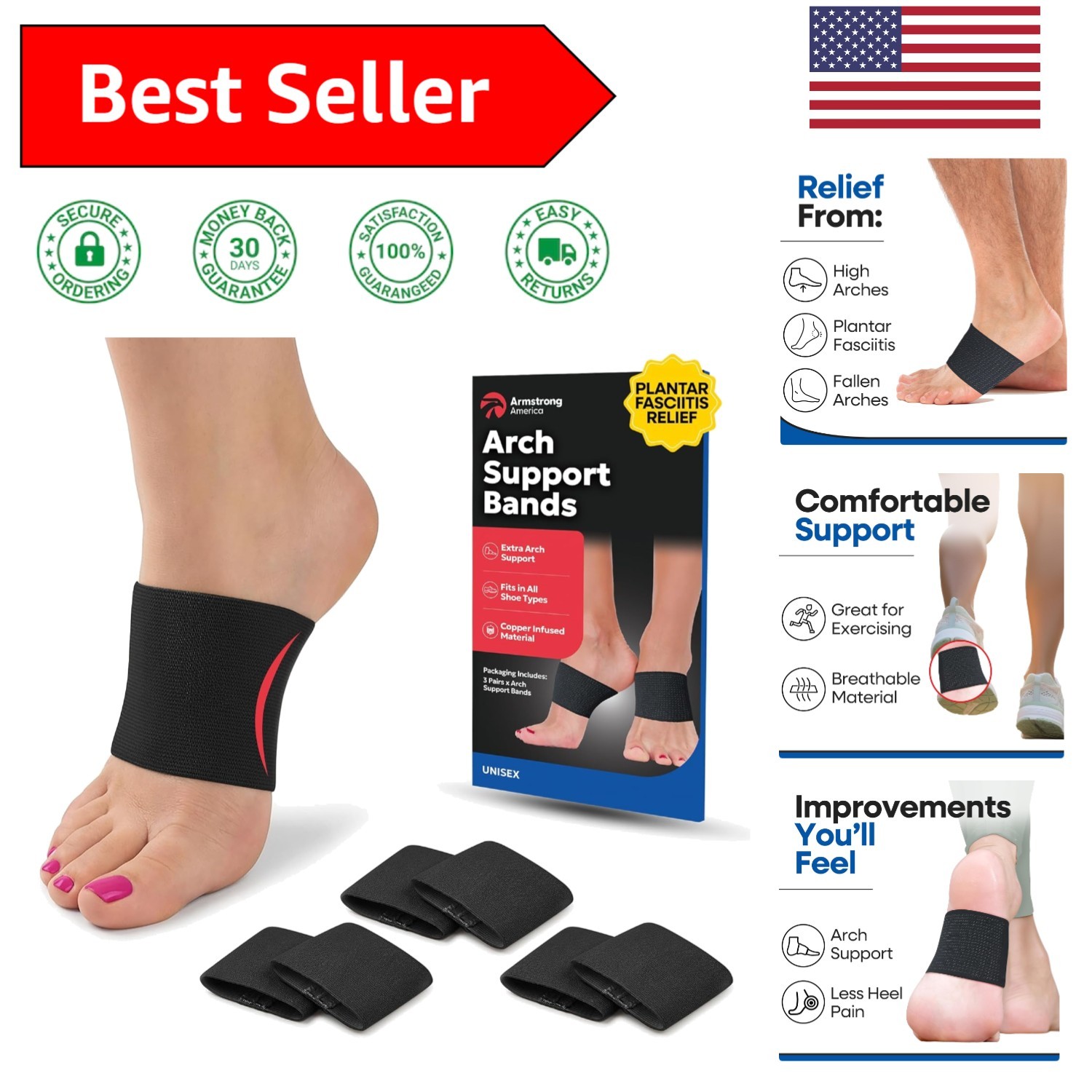 Versatile Foot Arch Support Bands for Flat Feet & High Arches – Black, 6 Count
