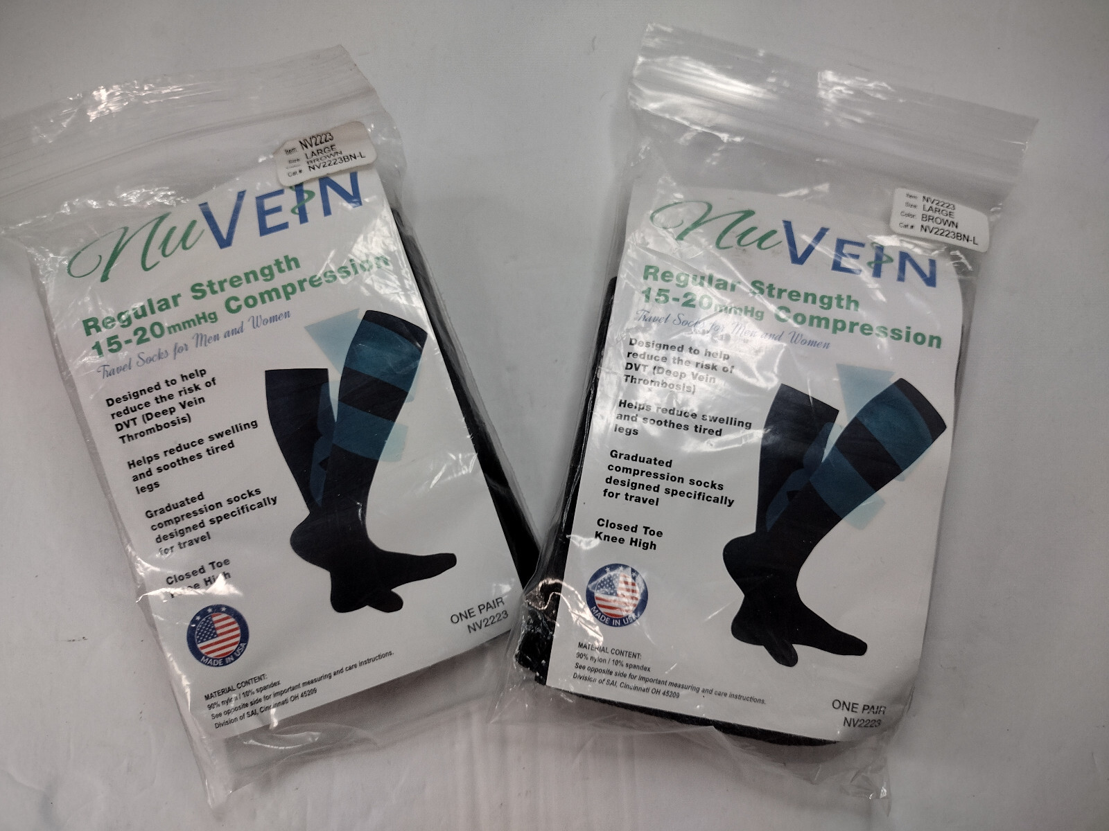 Two Pack NuVein Regular Strength 15-20mmHg Compression Travel Socks Brown Large