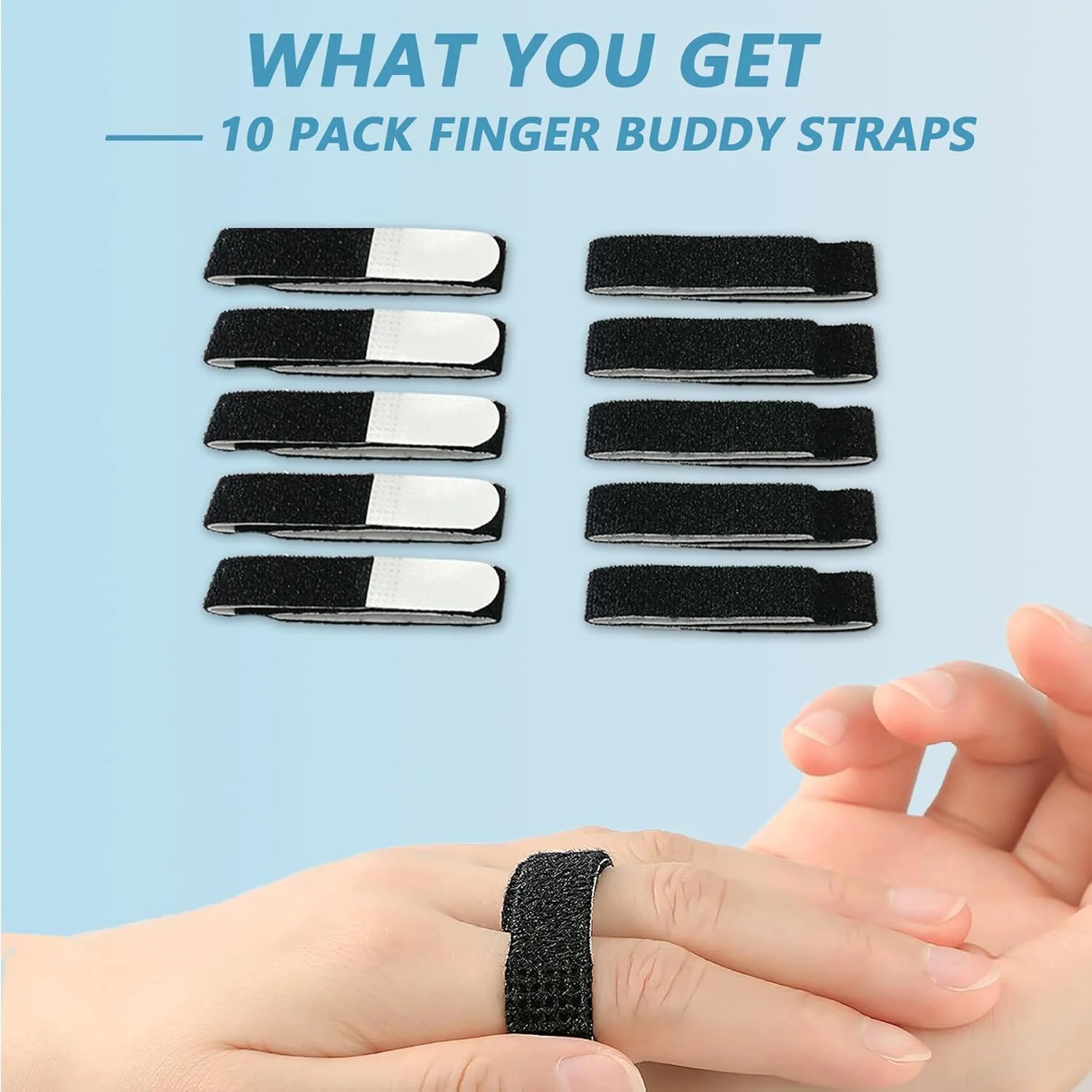 10 Pack Buddy Tape Finger Straps 10 pack black – with padded, Black -10